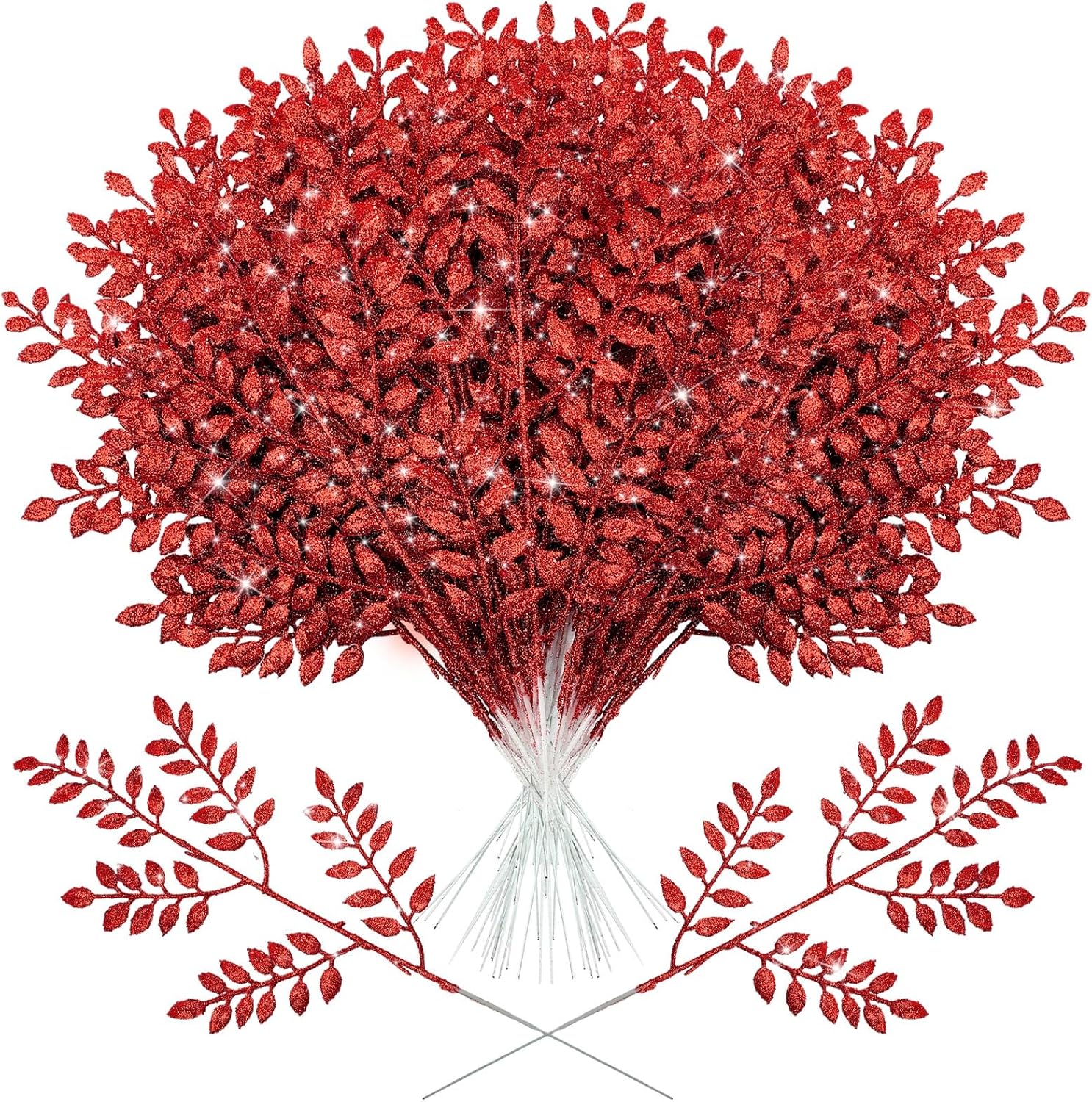 100 púas artificiales de Navidad con purpurina de 14.6 pulgadas, diseño de hojas brillantes, para árbol de Navidad, coronas de invierno, para