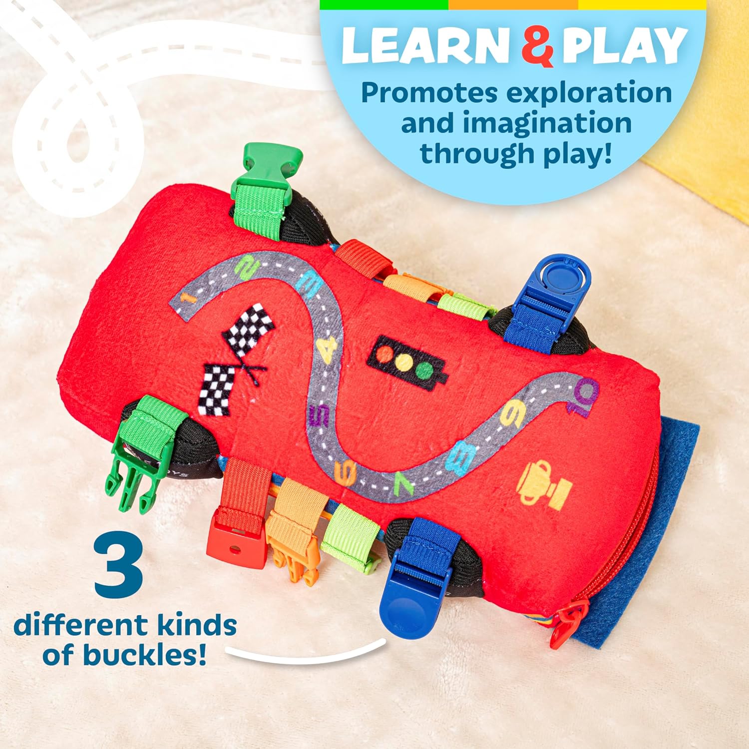 Buckle Toys – Bullet Racecar – Desarrolla habilidades motoras finas – Juguetes de actividad de aprendizaje sensorial – Esencial de viaje en avión