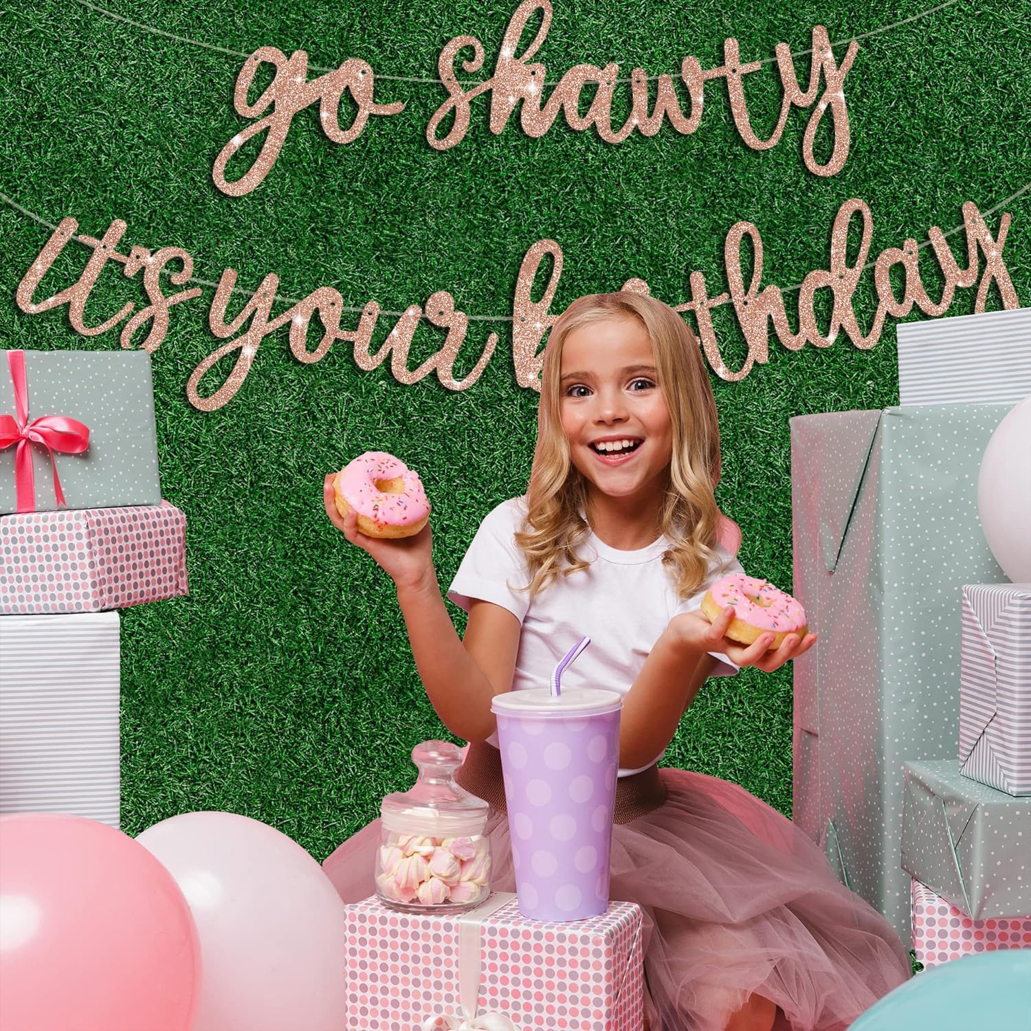 Cartel de oro rosa con texto en inglés “Go Shawty It’s Your Birthday”, “NO DIY”, cartel de feliz cumpleaños con purpurina con temática de hip hop,