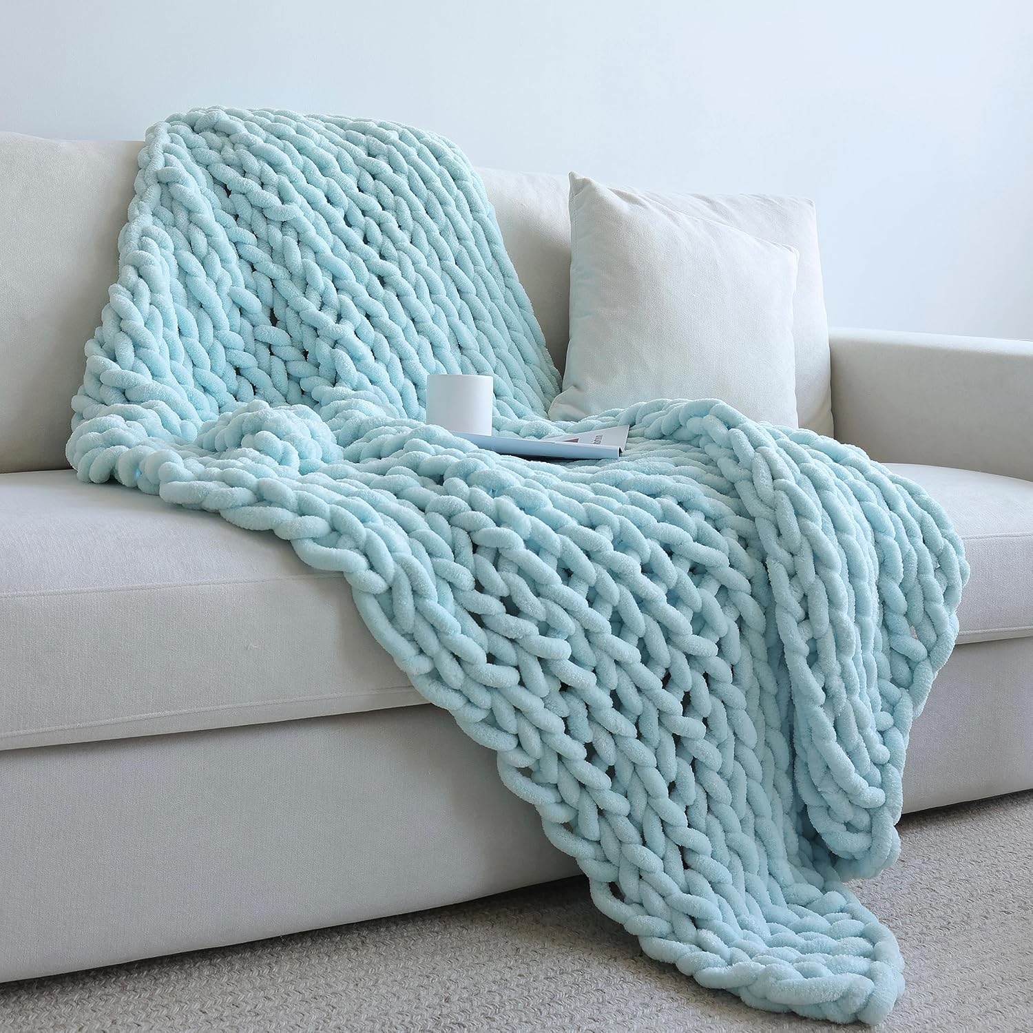 Manta de punto grueso de felpilla (30 x 40 pulgadas), hecha a mano, cálida y acogedora para sofá, cama, decoración del hogar, banco de vellón suave