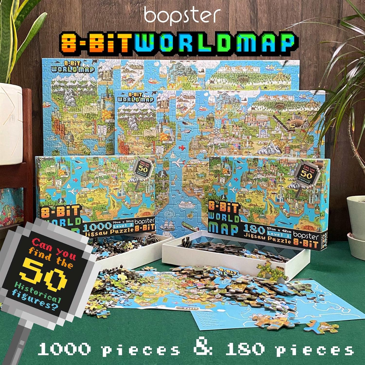 Rompecabezas para niños de 4 a 8 años, rompecabezas de mapa del mundo de 180 piezas, estilo retro de 8 bits, rompecabezas para niños con 50 personas