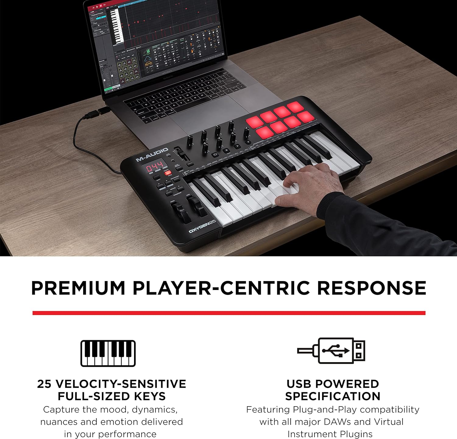 M-Audio Oxygen 25 (MKV) – Controlador de teclado MIDI USB de 25 teclas con almohadillas de ritmo, modos de acorde inteligente y escala, arpegiador y
