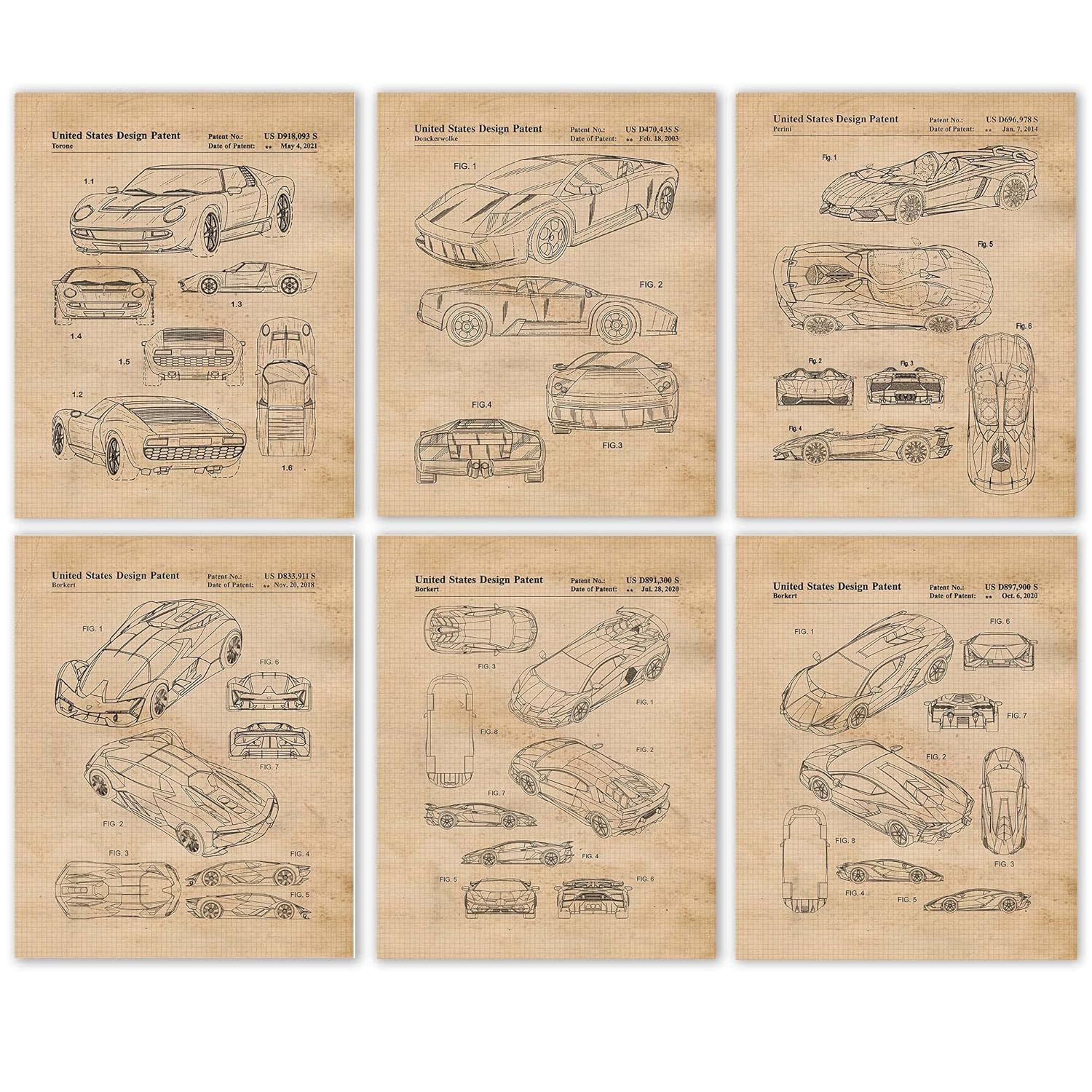 Classic Cars Patent Prints, 6 (8×10) Unframed Photos, Wall Art Decor Gifts for Home Lamborghini Office Gears Garage Shop School Racing Engineer
