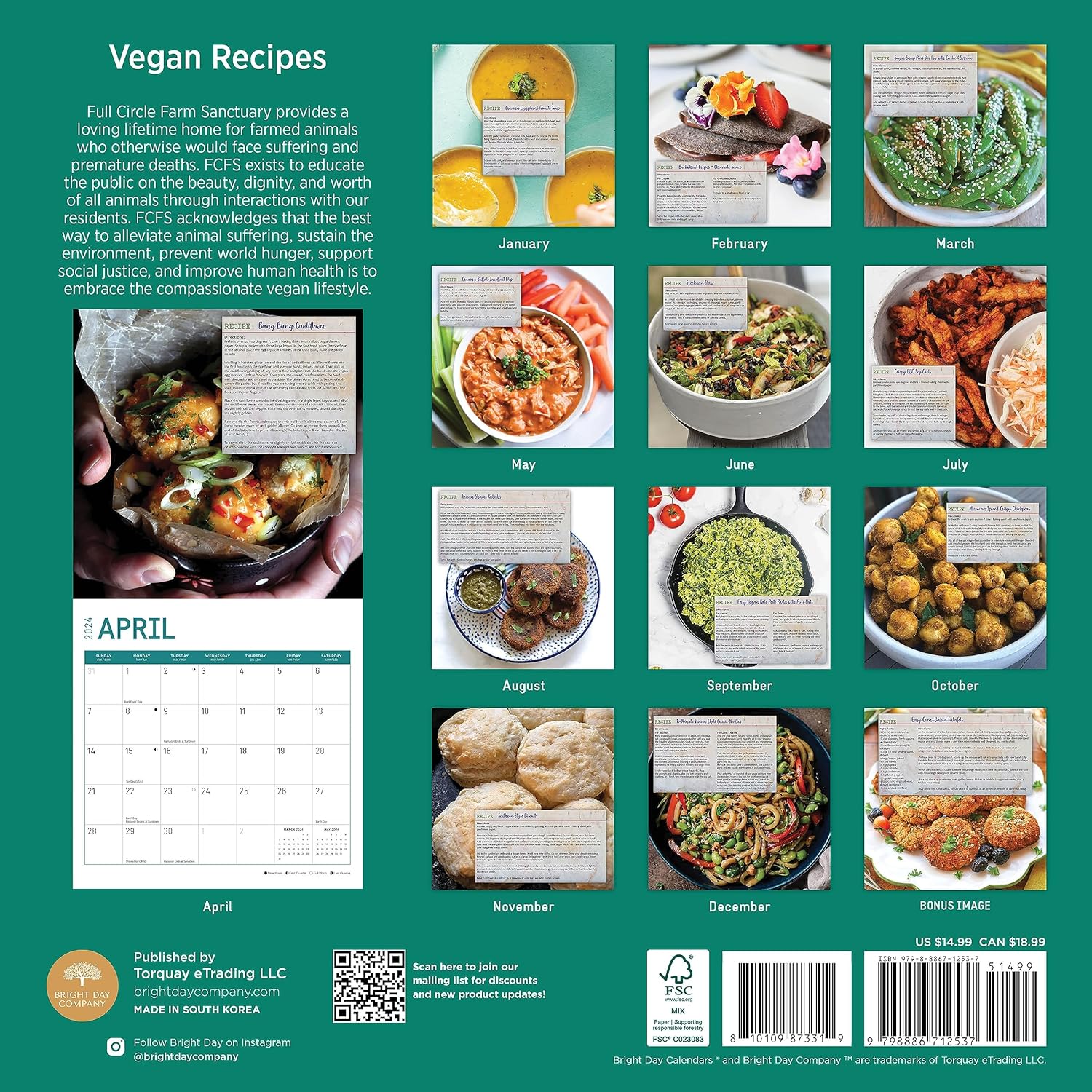 Bright Day – Calendario mensual de pared de recetas veganas 2024, calendarios por una causa, 12 x 12 pulgadas, embalaje sin plástico, regalo de