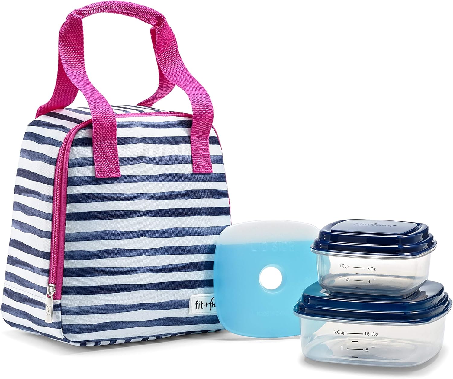 Fit & Fresh Garreston – Kit de bolsa de almuerzo aislada con recipientes sin BPA, rayas de lavado azul marino