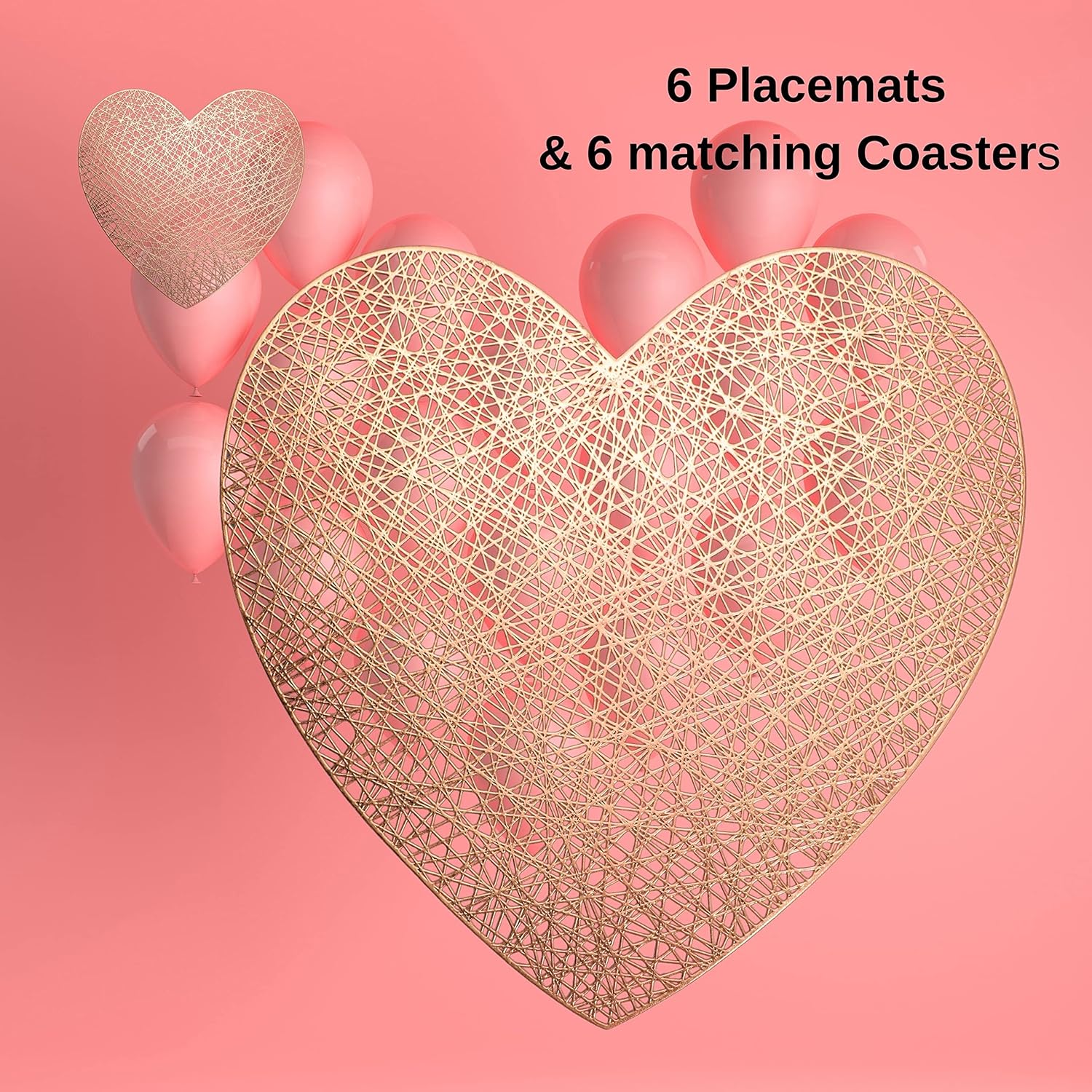 Juego de 6 manteles individuales de corazón y posavasos a juego, color oro rosa, decoración de mesa para el día de San Valentín, para boda, noche