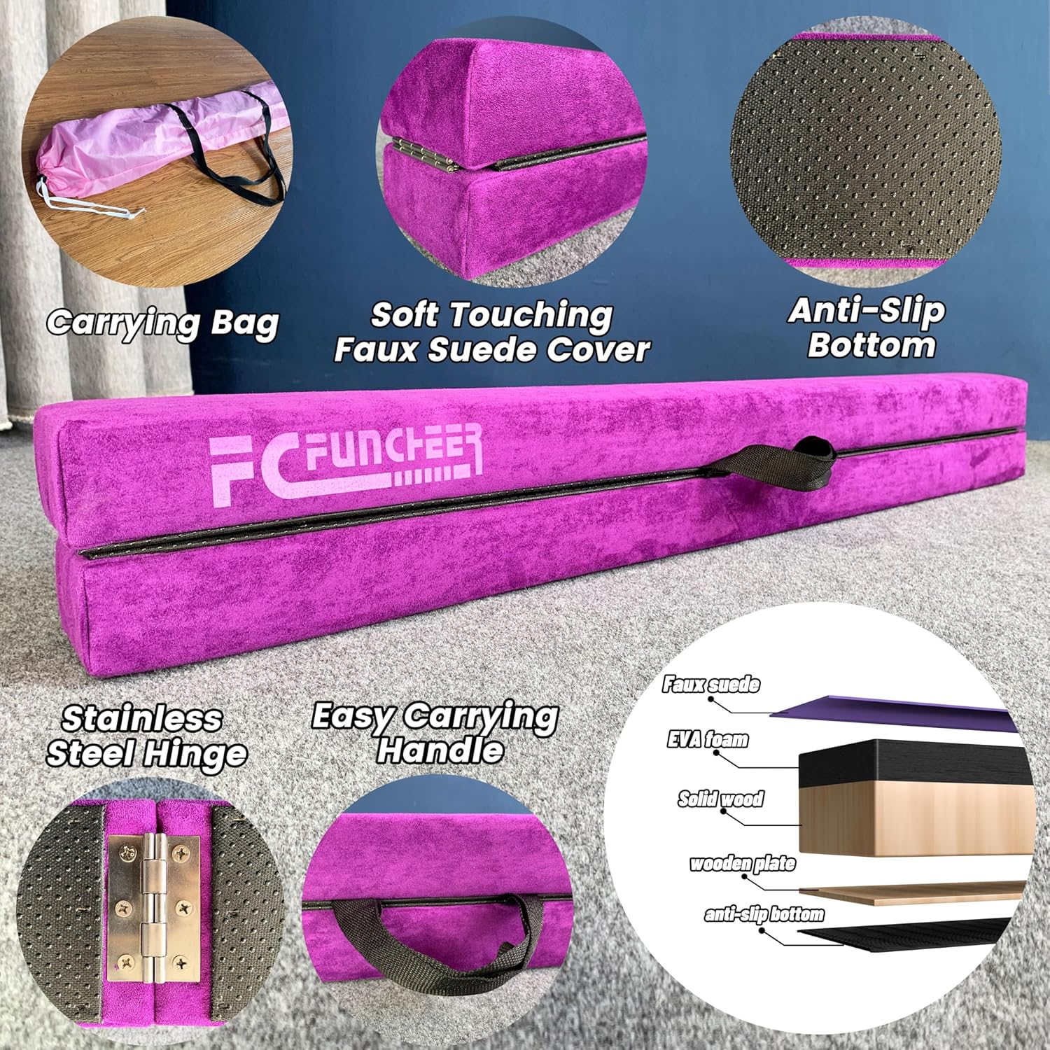 Viga de equilibrio plegable de 8 pies, haz de gimnasia, haz de piso con núcleo de madera, parte inferior antideslizante, cubierta de gamuza