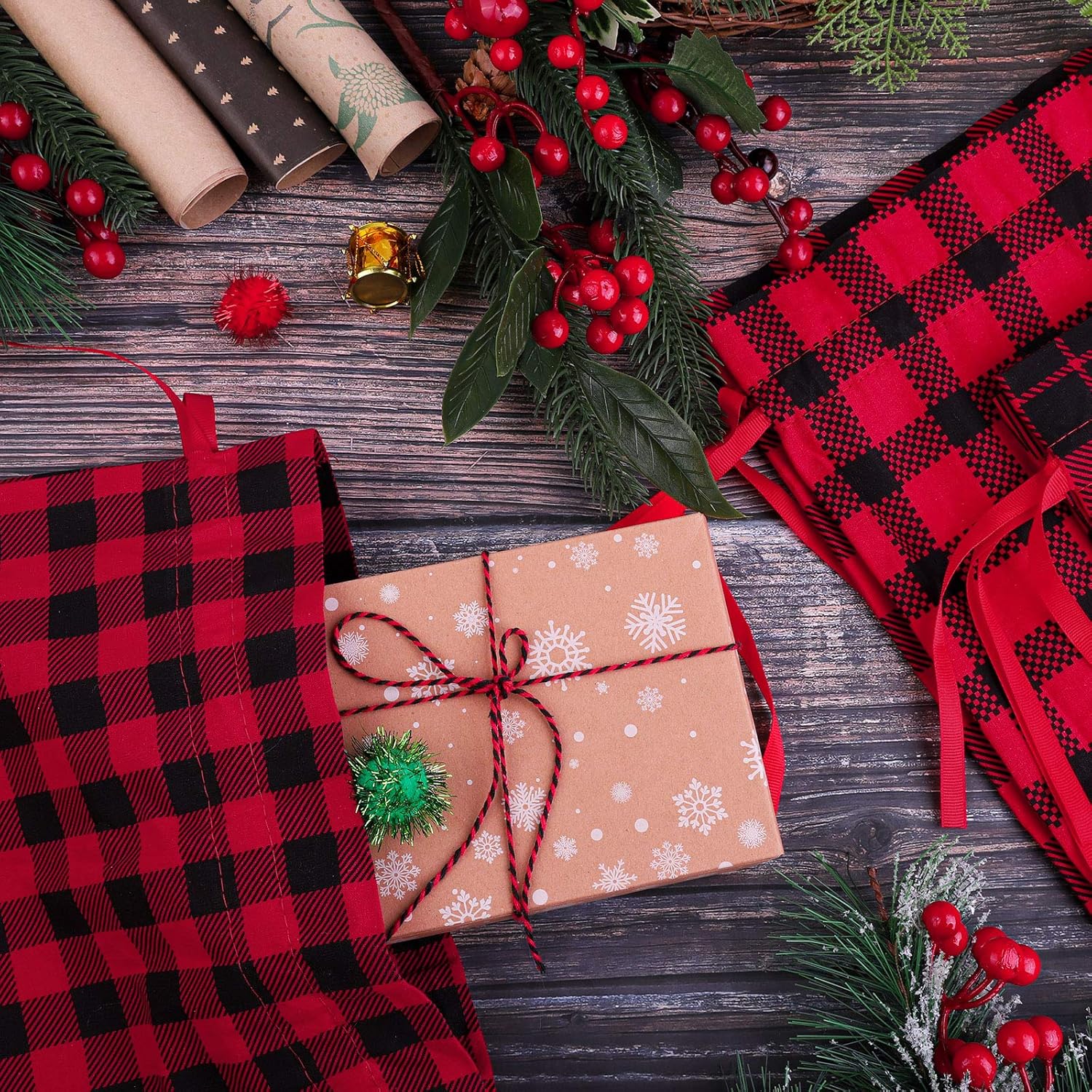 Aneco Paquete de 3 bolsas de Navidad de algodón a cuadros de 23 x 17.5 pulgadas, tamaño grande, con cordón, bolsa de almacenamiento para calcetines,