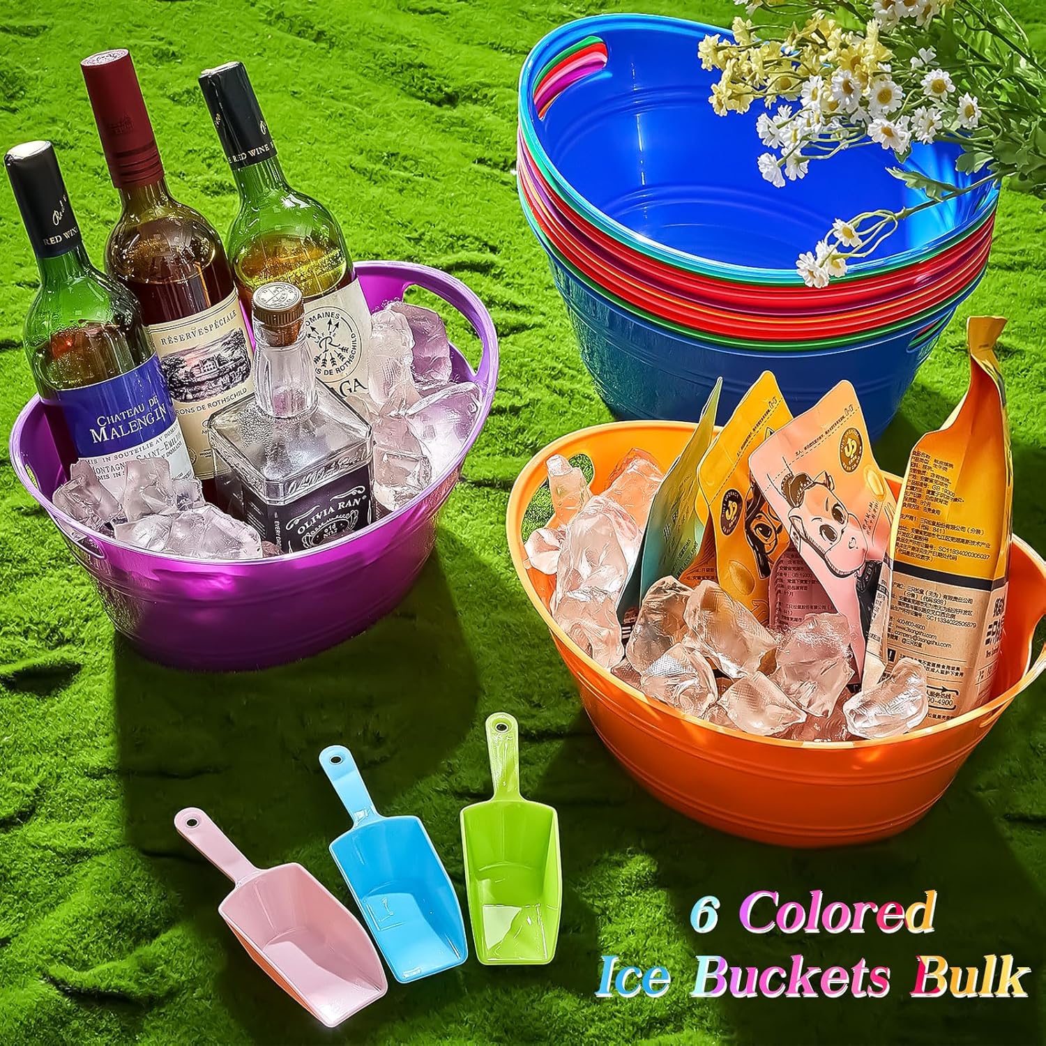 Dandat 24 cubos de hielo de colores, cuchara de hielo de plástico a granel, 4.5 l, ovalada, con asas, gran capacidad, contenedores de almacenamiento