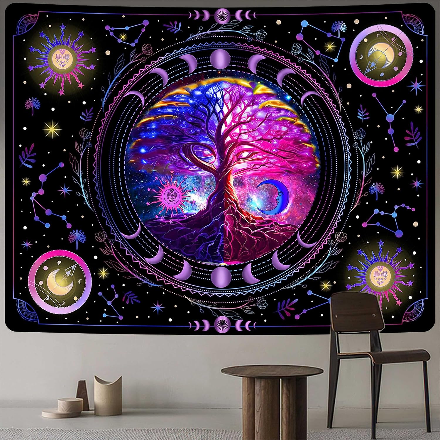MAMHSABC Tapiz de árbol de la vida, tapiz hippy de sol y luna, tapiz de flores y vides, tapiz hippie para colgar en la pared, dormitorio, decoración
