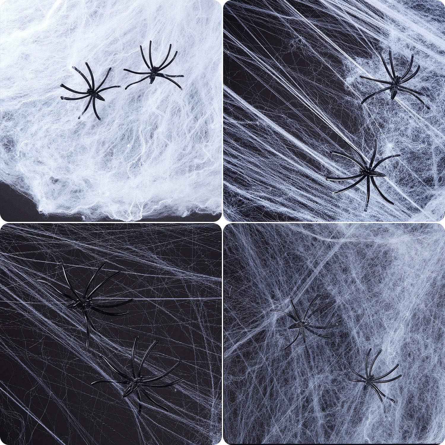 Boao 6 telarañas elásticas de Halloween con 12 arañas de plástico para decoración de Halloween en interiores y exteriores