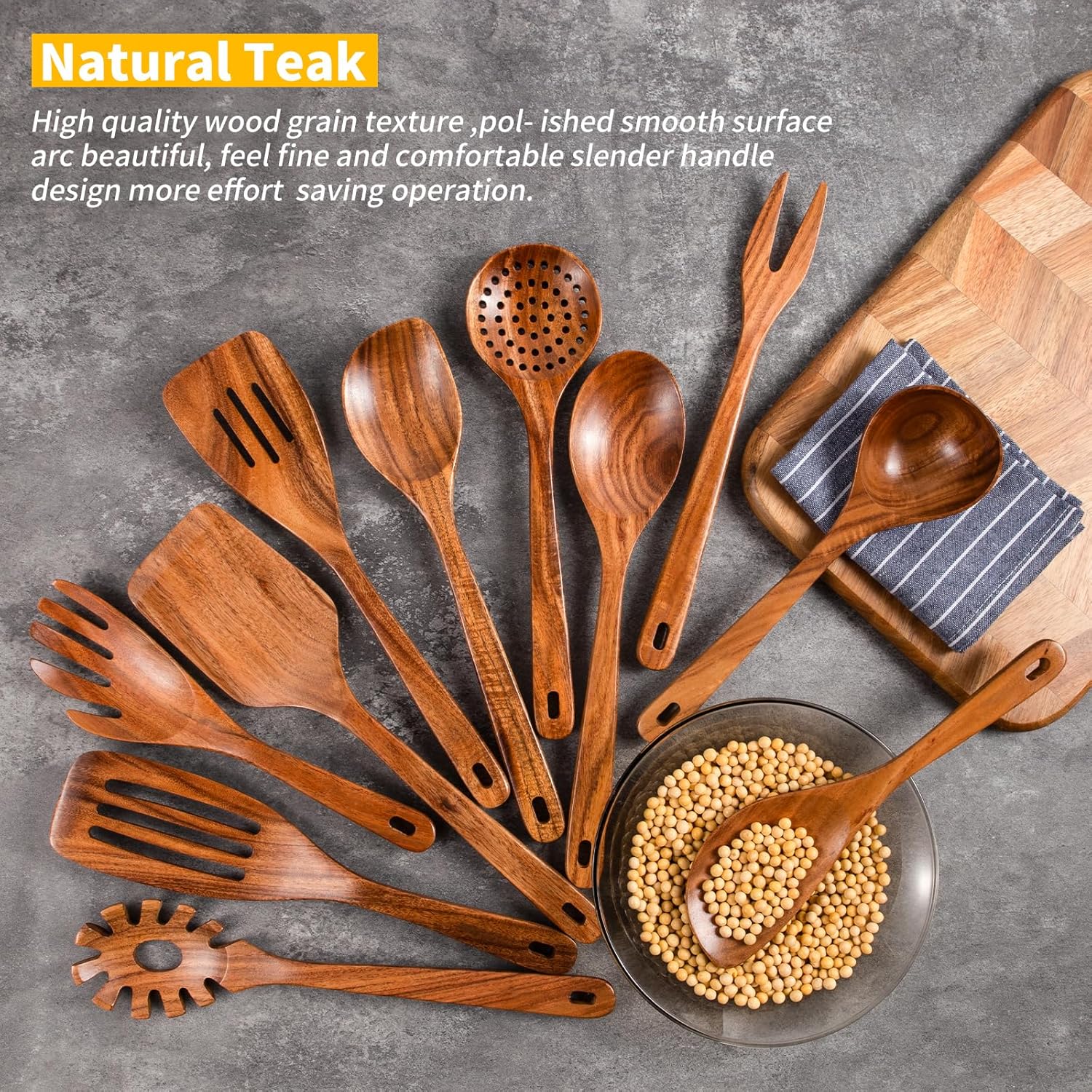 GUDAMAYE Cucharas de madera para cocinar, juego de utensilios de cocina de madera, utensilios de cocina de madera, cucharas de madera de teca