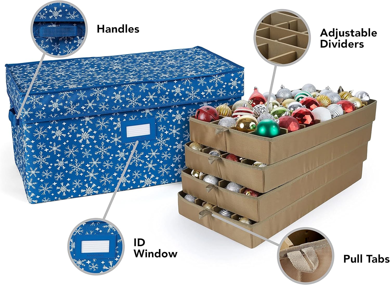 Covermates Keepsakes  Caja de almacenamiento ajustable de 72 piezas  Capacidad para adornos de 4 pulgadas  Resistente  Asas  apilables