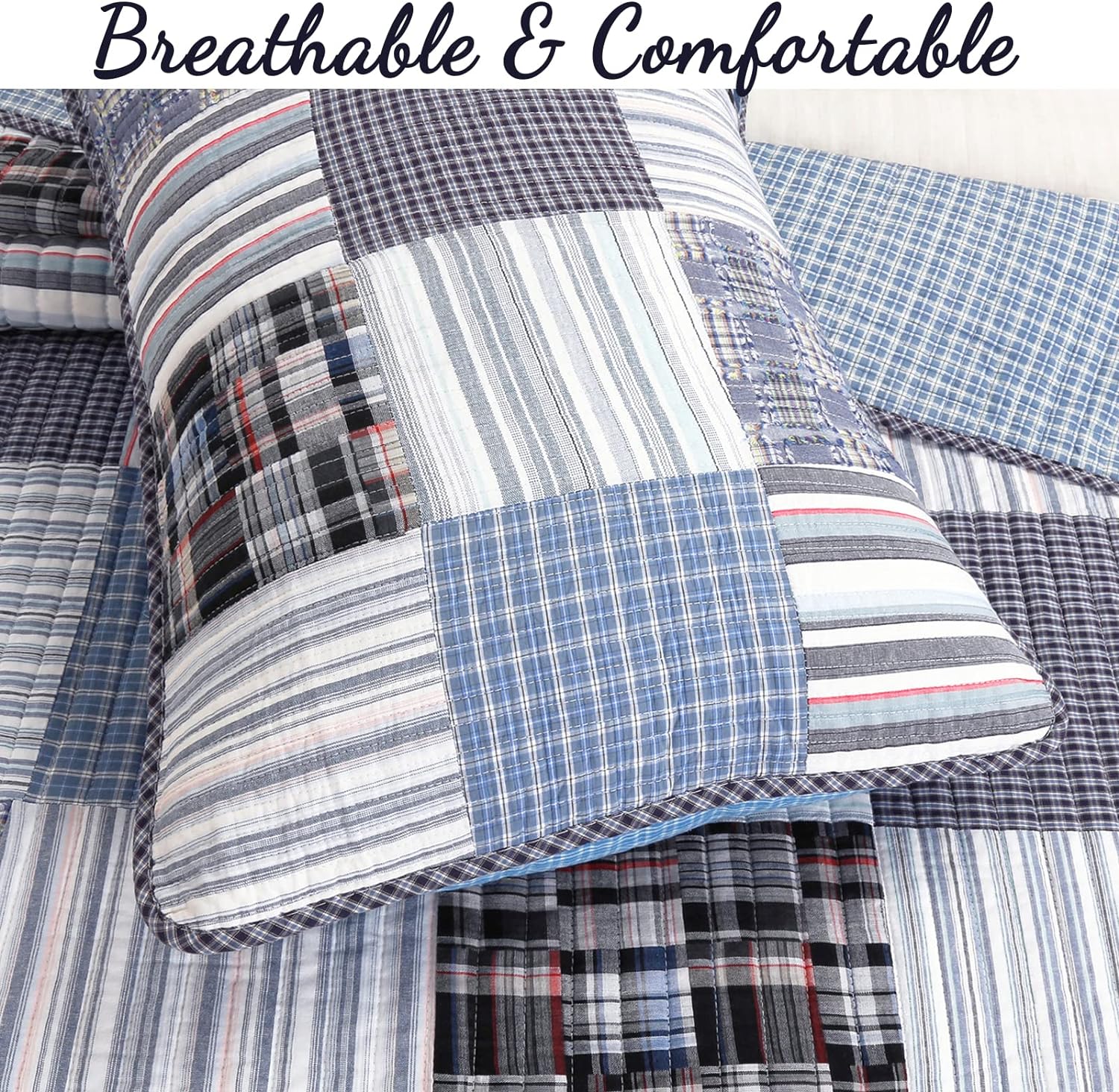 Cozy Line Home Fashions Juego de ropa de cama reversible de 100% algodón, azul marino, a cuadros, a rayas, colcha de retazos reales (Daniel