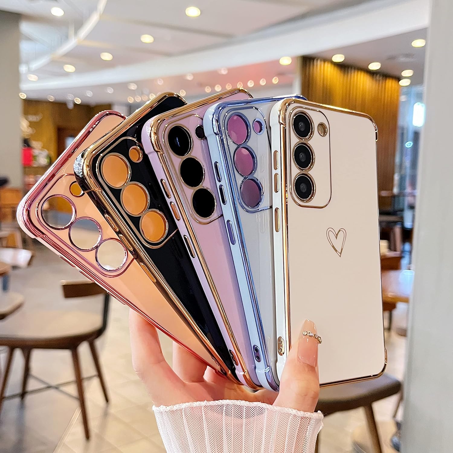 DEFBSC Funda compatible con Samsung Galaxy S23 con corazón dorado, borde chapado de lujo, protección completa de la cámara, para mujeres y niñas,