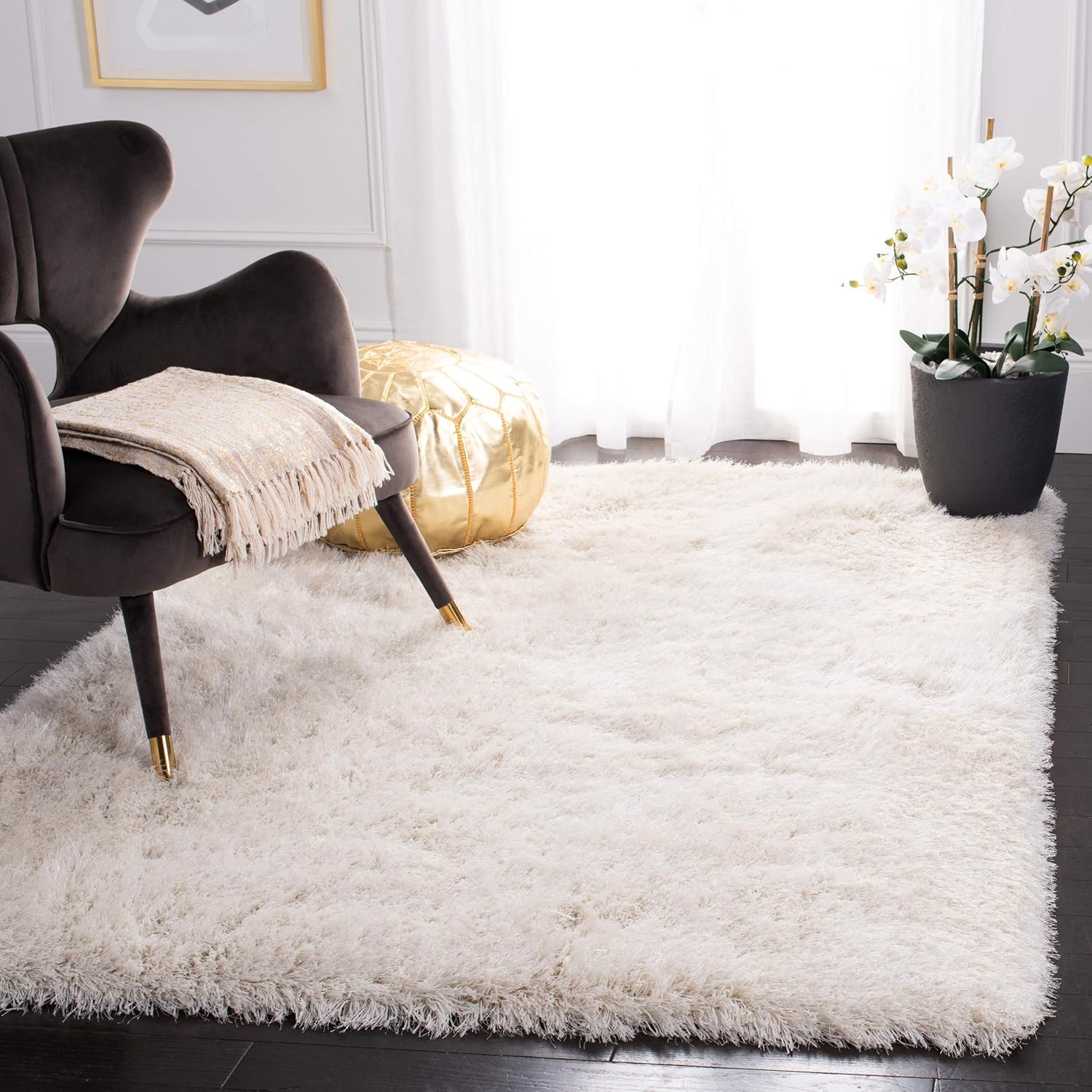 SAFAVIEH Venice Shag Collection – Alfombra cuadrada de 4 pies, perla, glamour hecho a mano, 3 pulgadas de grosor, ideal para zonas de alto tráfico
