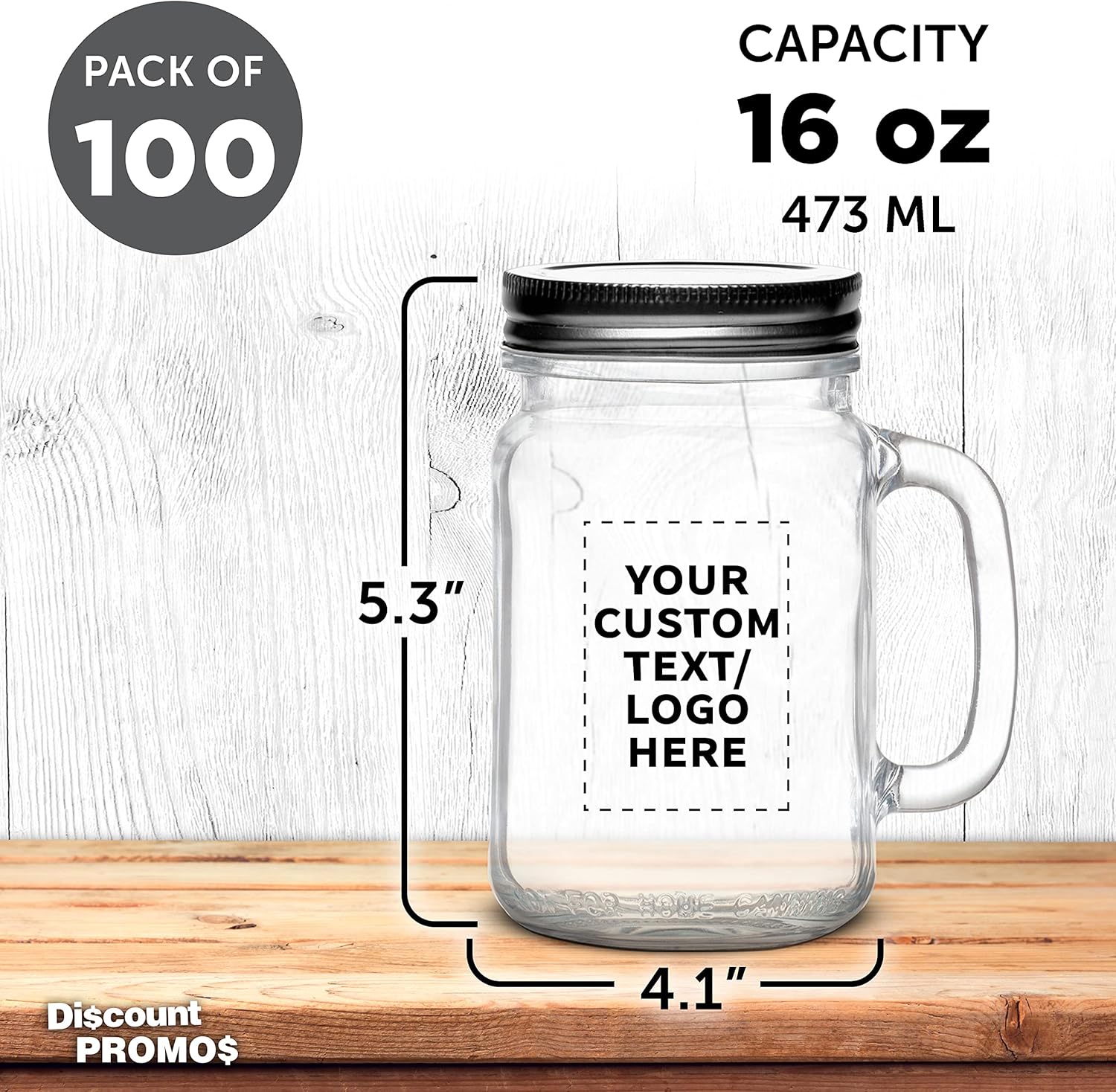 Discount Promos Libbey Handle Mason Jars – Juego de 100 tarros con tapas, 16 onzas, texto personalizado, logotipo, estilo tradicional, bebida,