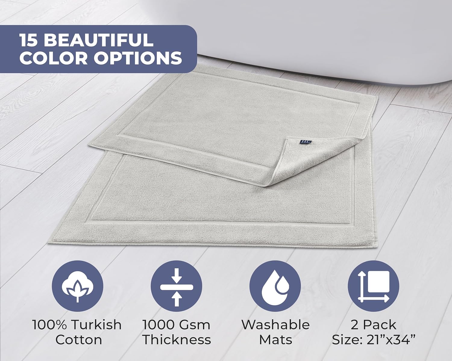 Hammam Linen – Tapetes de baño, 53 x 86 cm, paquete de 2, 100 % algodón, hilado en anillo, diseño de bandas, altamente absorbentes, lavables a