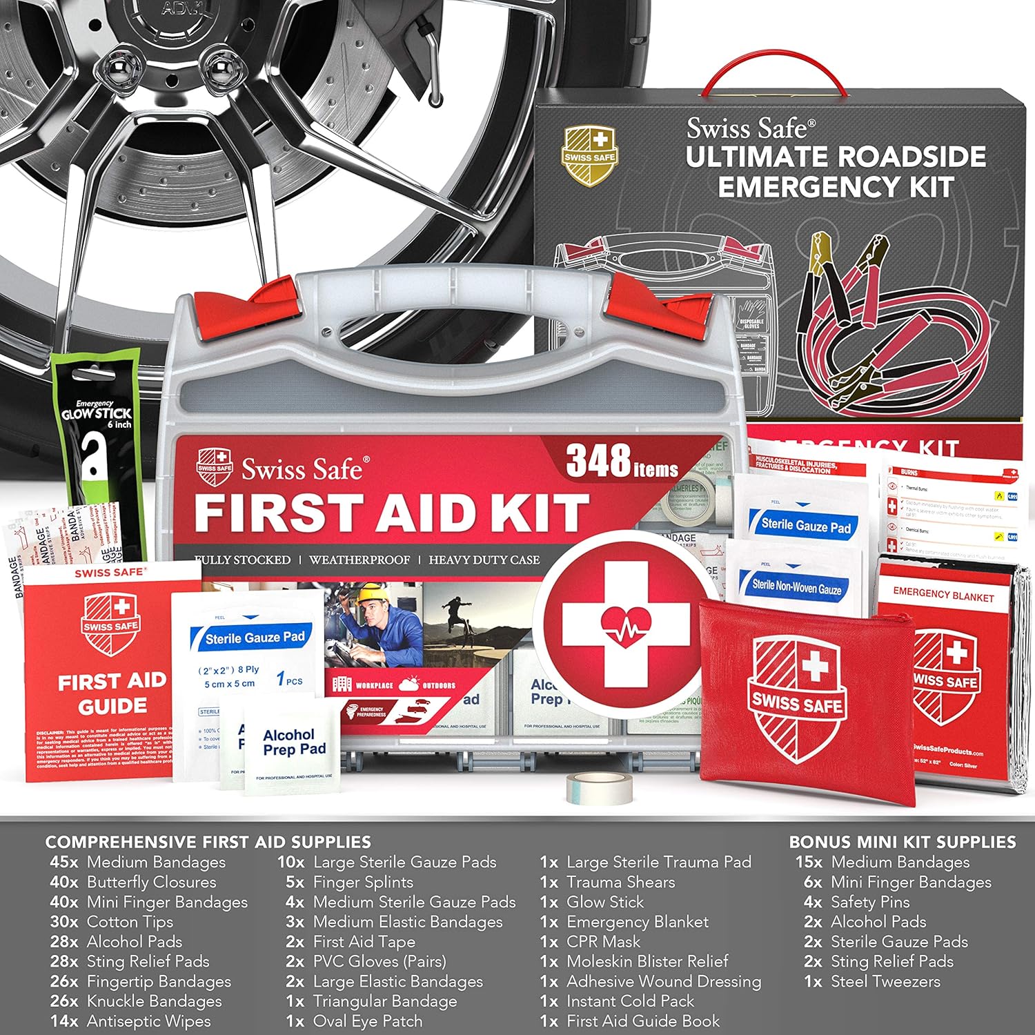 Swiss Safe Kit de emergencia 2 en 1 para vehículos  Kit de herramientas de seguridad compacto y portátil con bolsa de viaje + kit de primeros