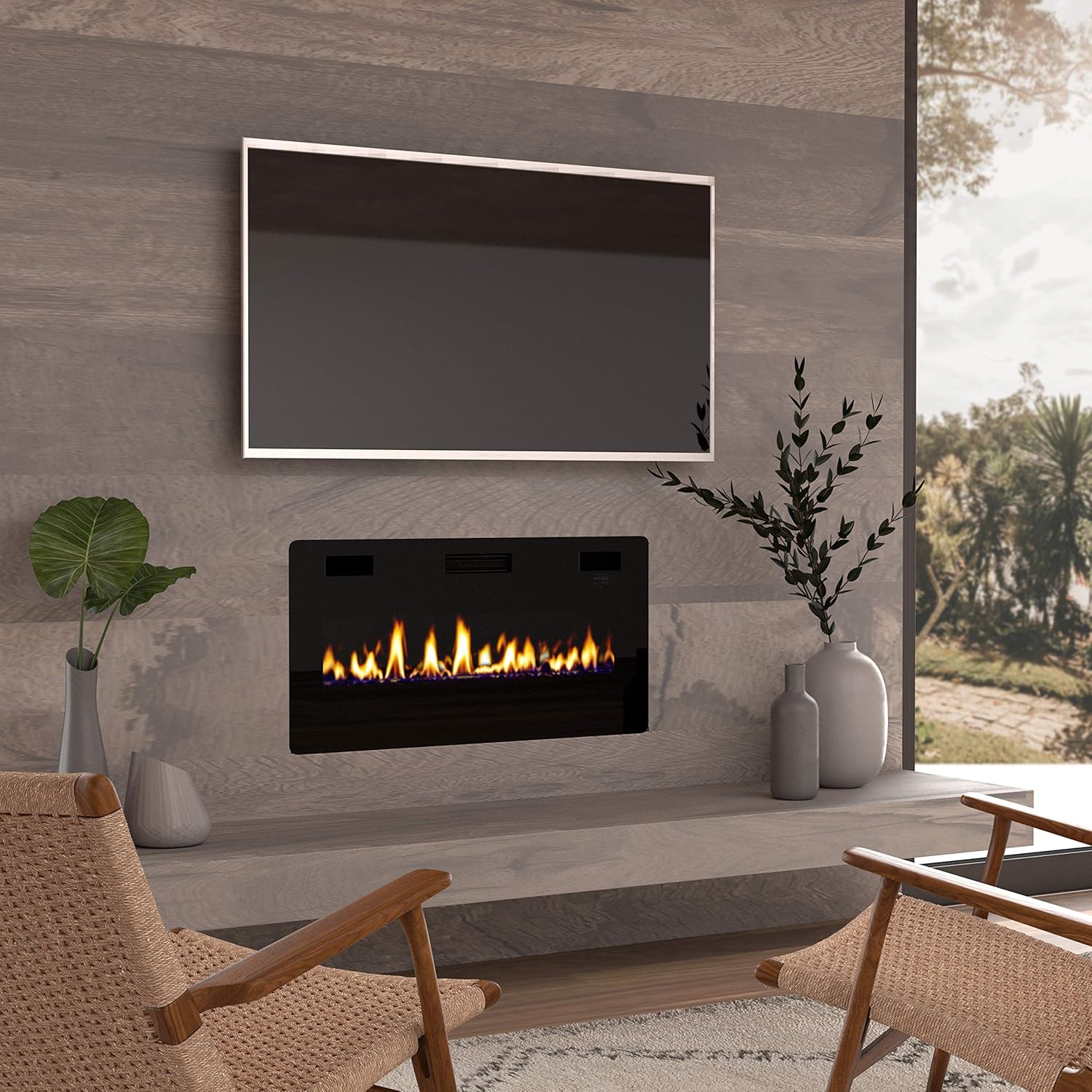 Chimenea eléctrica Finefind empotrada, ultra delgada, de 3.8 pulgadas de inserción, montada en la pared o encastrada, de fácil instalación con mando