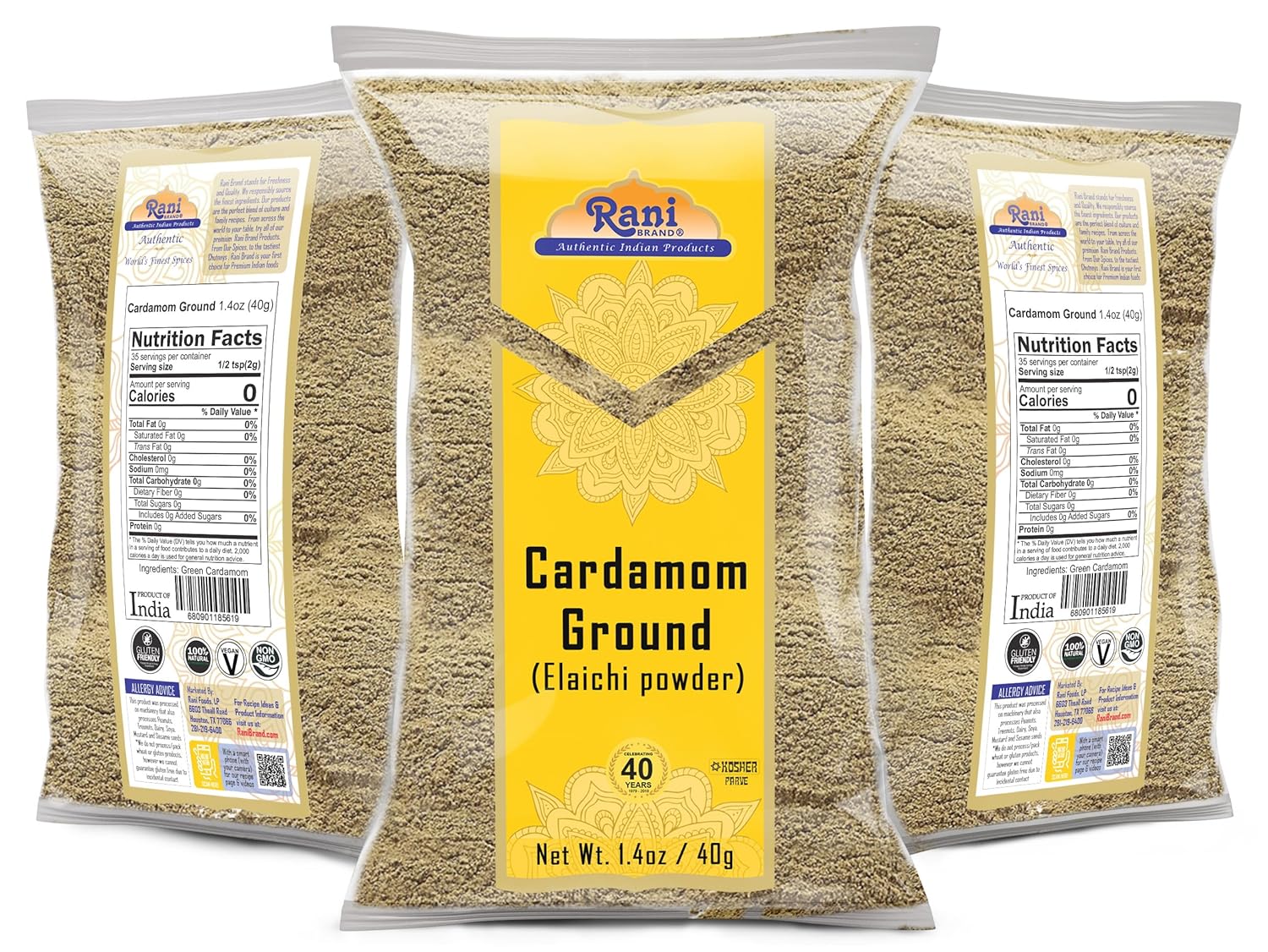 Rani Cardamomo (Elachi) Molido, especia india en polvo, 1.4 oz (40 g)  Todo natural  Sin color añadido  Apto para gluten  Vegano  Sin OMG  Sin sal