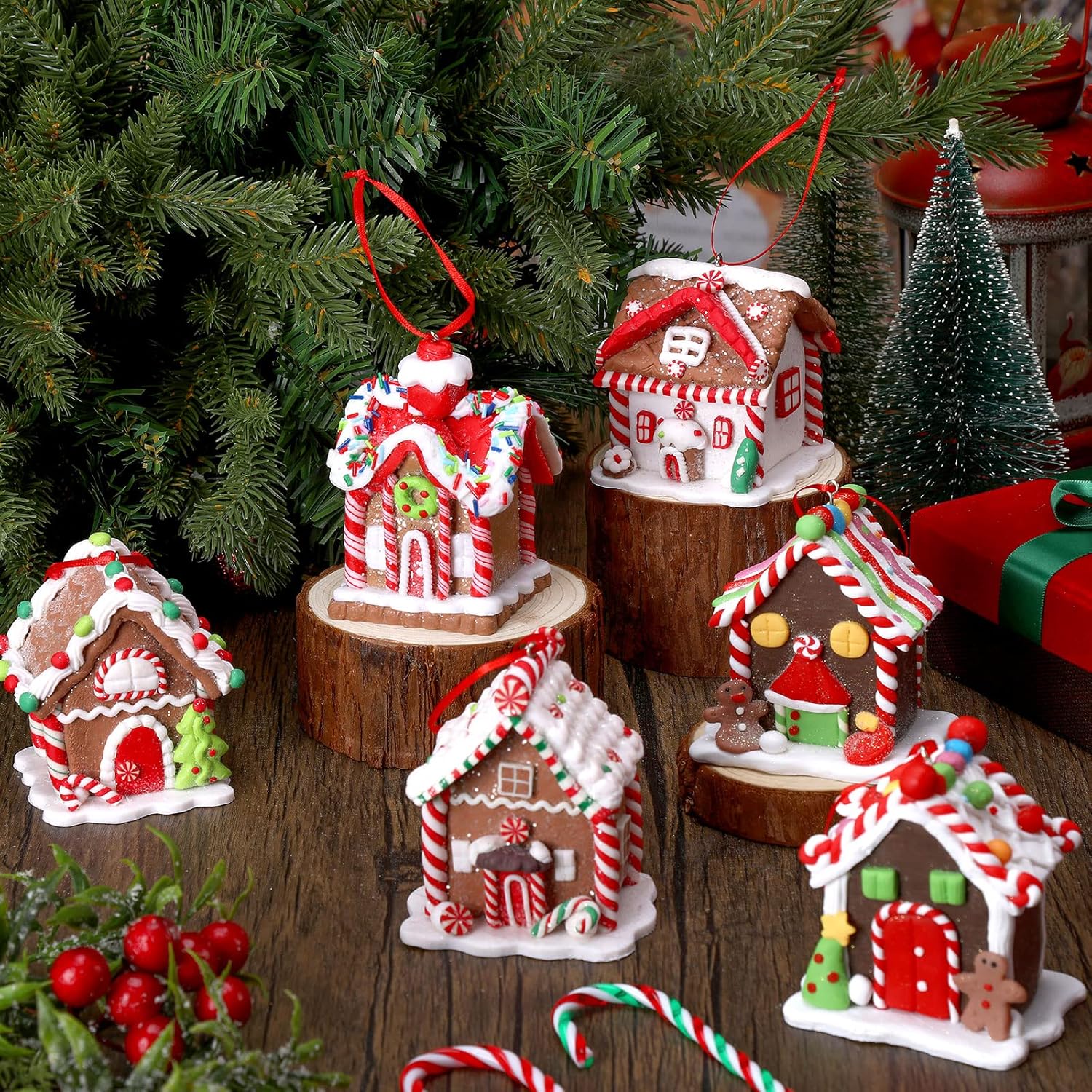 Adornos de casa de jengibre para árbol de Navidad, juego de adornos navideños de pan de jengibre con cuerda, decoración de casa de jengibre, adornos