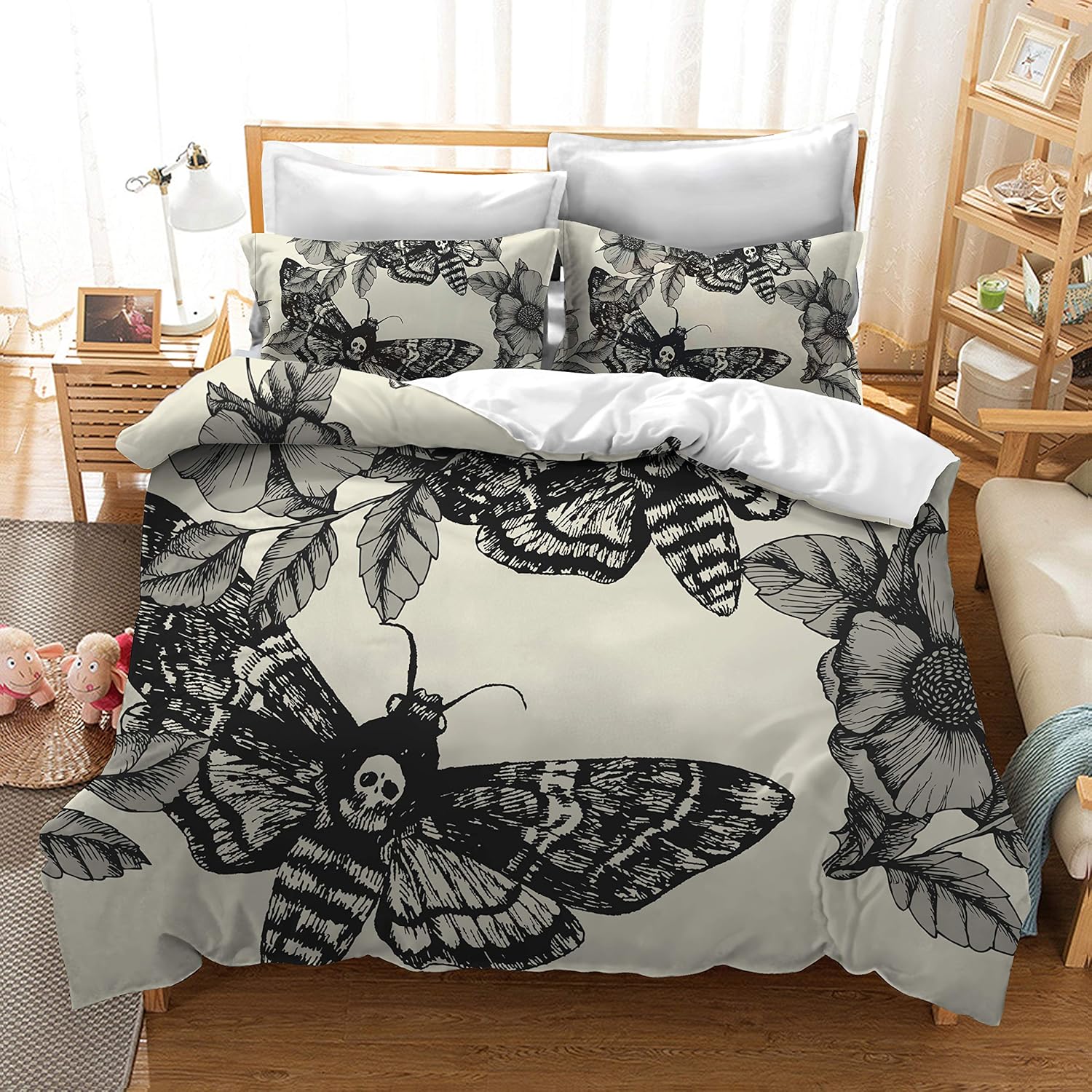 Juego de ropa de cama con estampado digital 3D Cráneo de la muerte y flor crema 100% microfibra cepillada Juego de funda de edredón de 3 piezas,