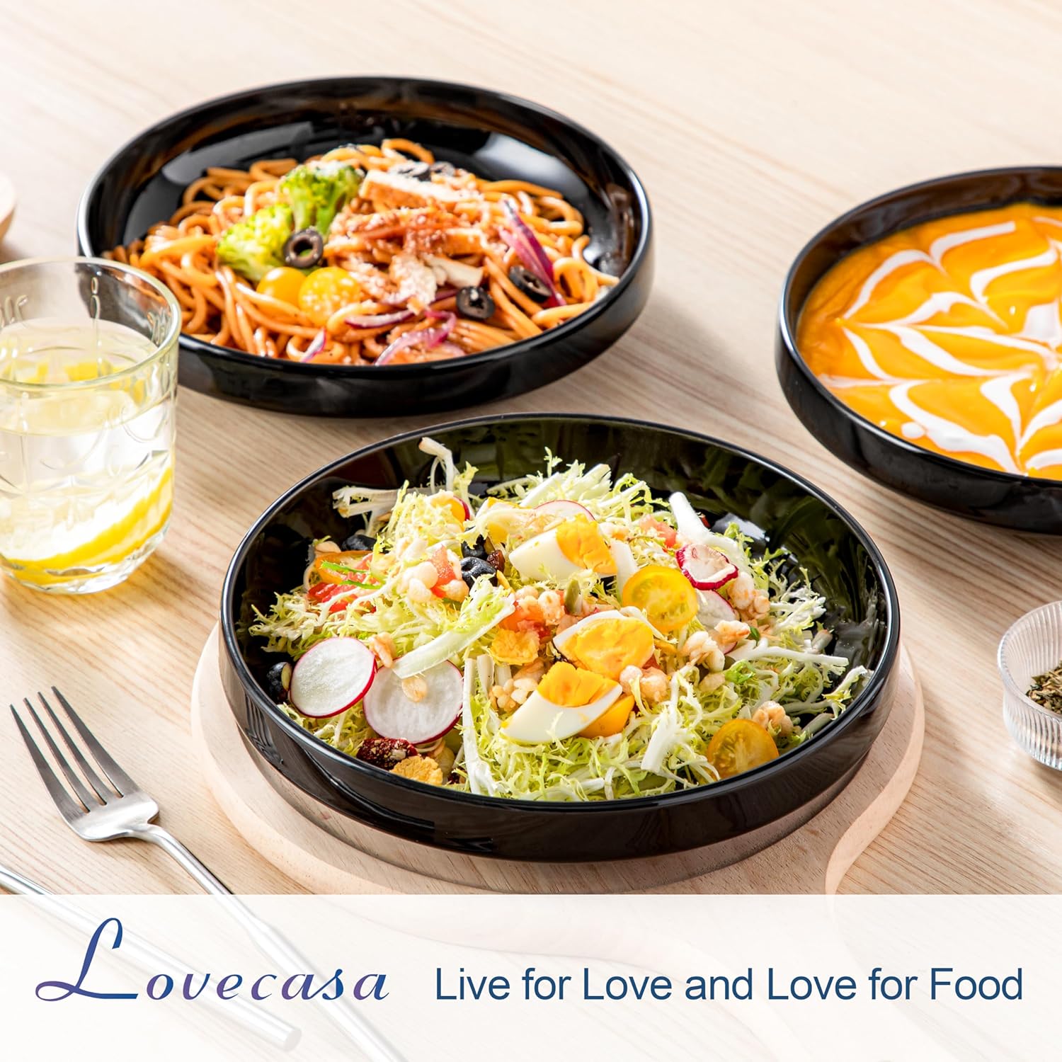 LOVECASA Tazones para pasta, 34 onzas, juego de 4 cuencos de ensalada, platos de cerámica de 8.1 pulgadas para cocina, cena, sopa, microondas,
