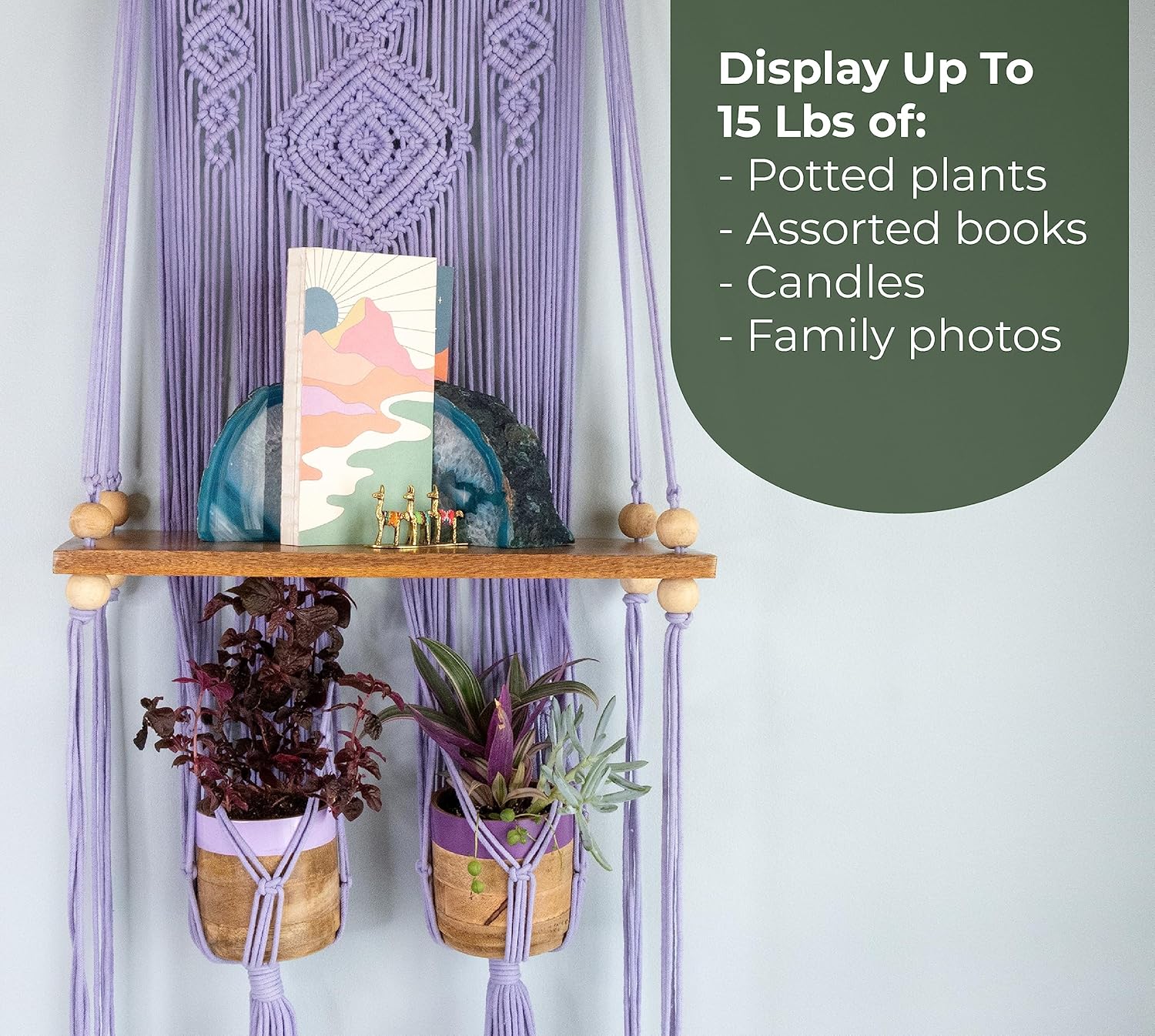 Estante para colgar en la pared de madera dura y macramé (lavanda)  1 estante y 2 ganchos para macetas de 4 pulgadas  de origen sostenible, 17 x