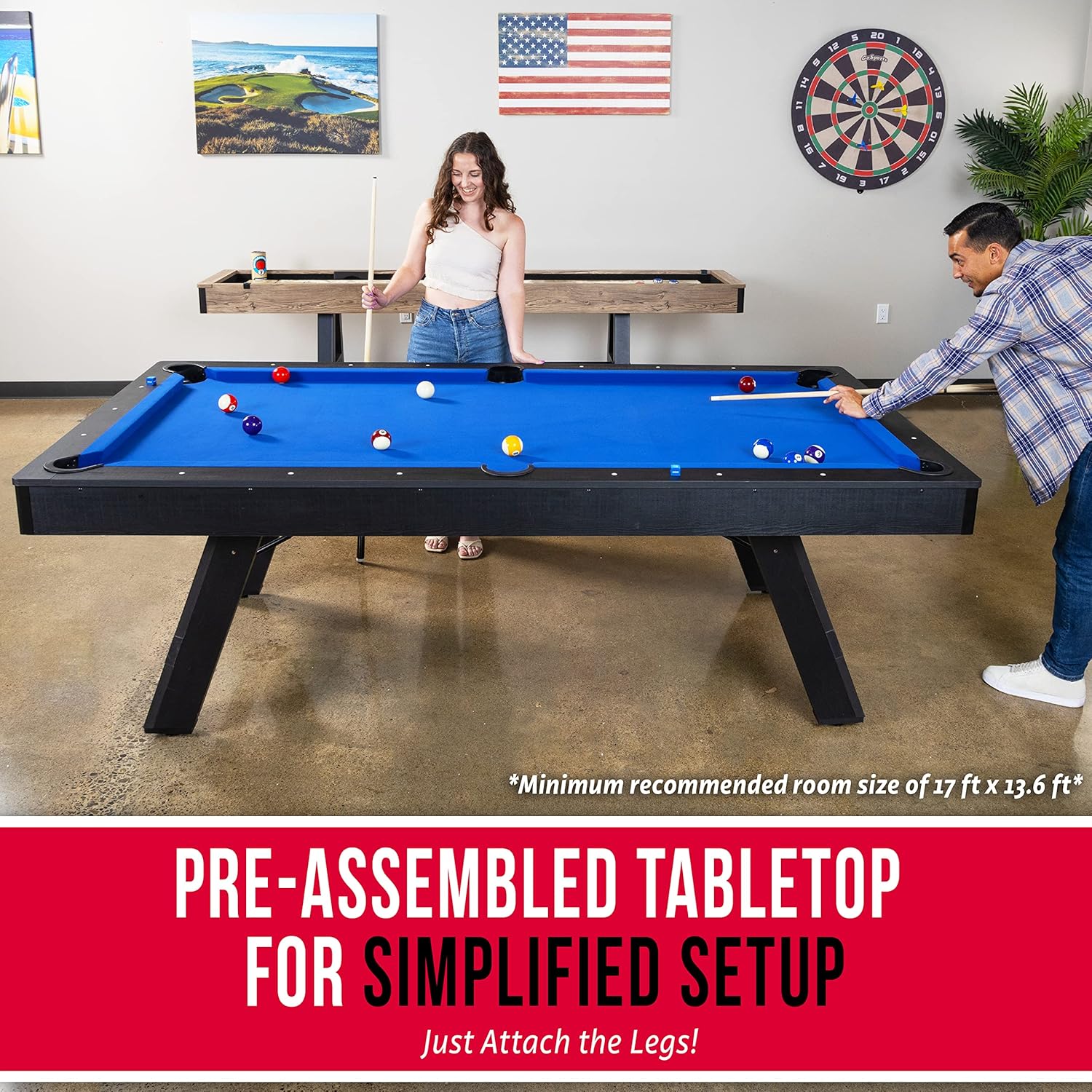 GoSports 8 ft Pool Table with Wood Finish – Modern Billiards Table with 2 Cue Sticks, Balls, Rack, Felt Brush and Chalk