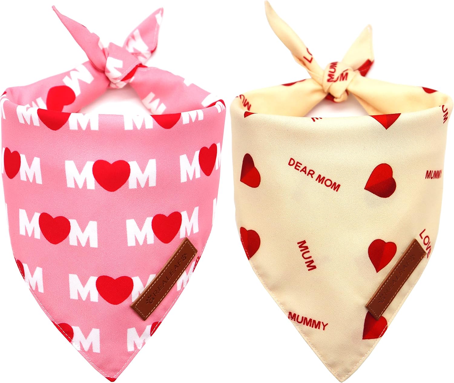 Realeaf Pañuelos para el día de la madre, 2 unidades, bufanda reversible para mascotas con texto en inglés “I Love My Mom” para niños y niñas, tela