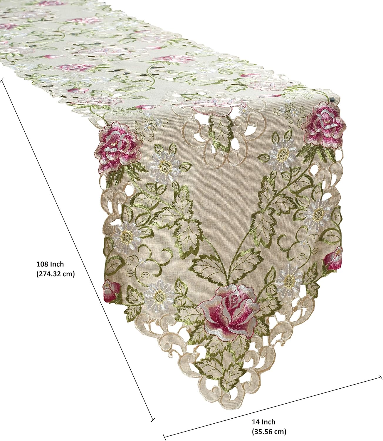 Camino de mesa beige  Pañuelo de encaje de lino bordado europeo  Perfecto para cocina, comedor, decoración del hogar, recepciones de boda  14 x 108