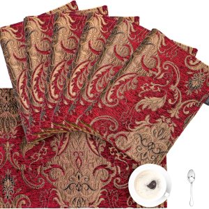 Loom and Mill Juego de 6 manteles individuales de damasco de lujo para Navidad, juego de 6 manteles individuales de felpilla jacquard vintage para Loom and Mill Juego de 6 manteles individuales de damasco de lujo para Navidad, juego de 6 manteles individuales de felpilla jacquard vintage para