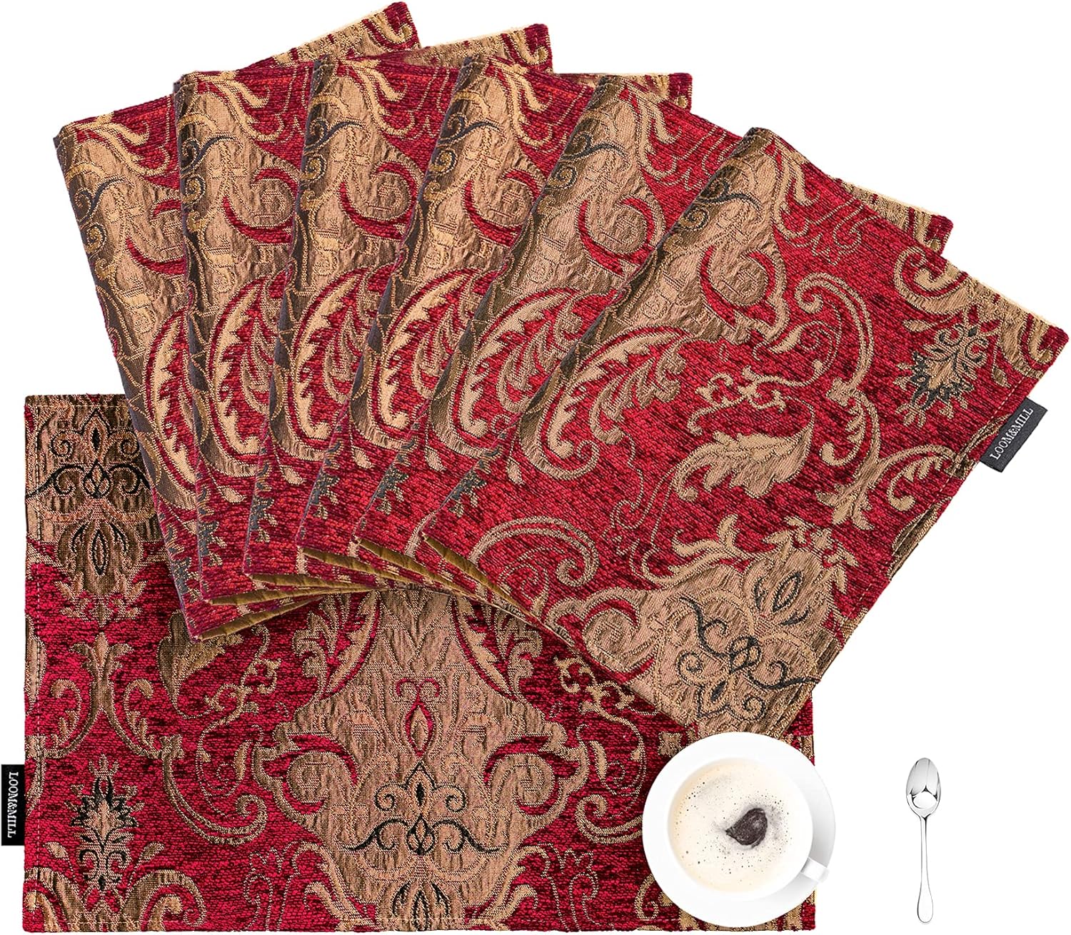 Loom and Mill Juego de 6 manteles individuales de damasco de lujo para Navidad, juego de 6 manteles individuales de felpilla jacquard vintage para