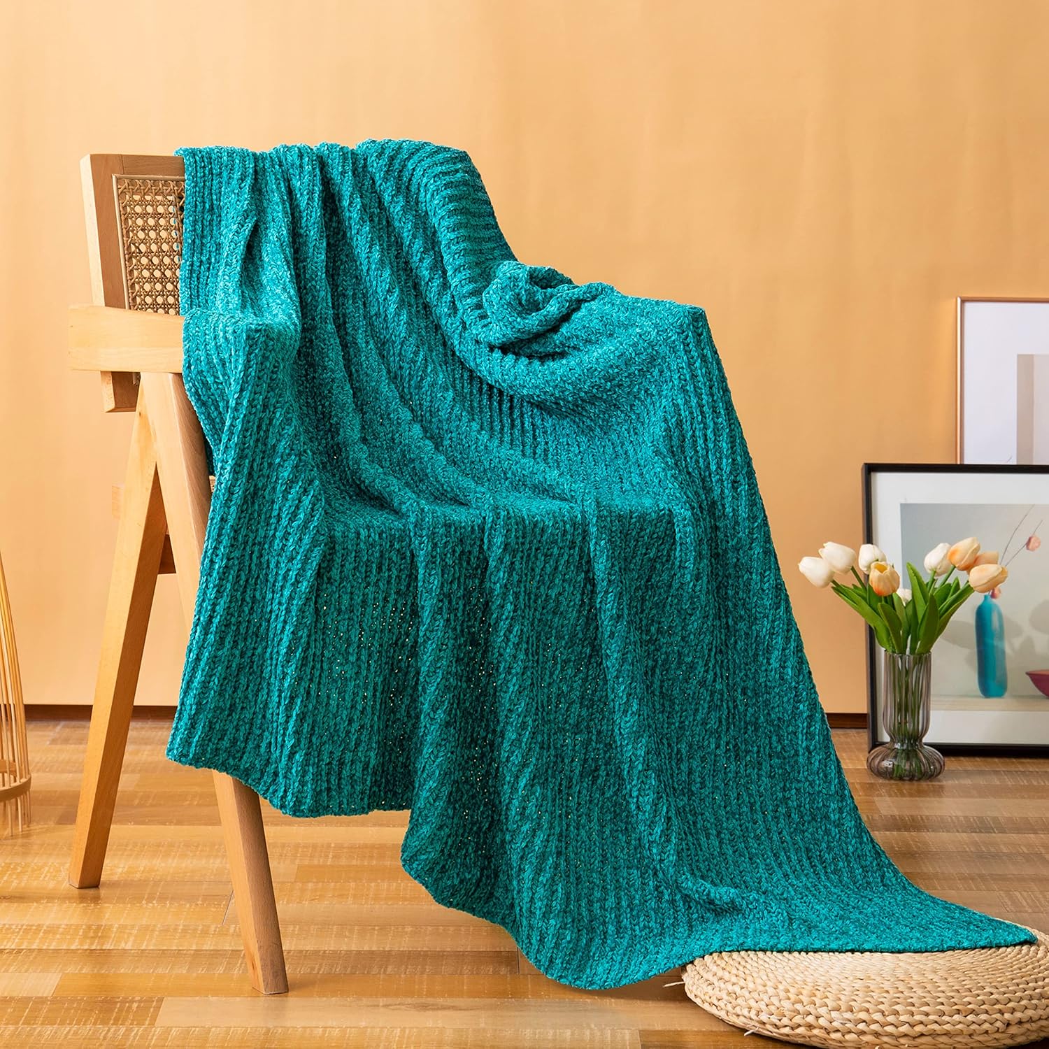 Aormenzy Manta de felpilla verde azulado para sofá, manta de punto azul turquesa, suave y acogedora manta decorativa para sofá, cama y silla