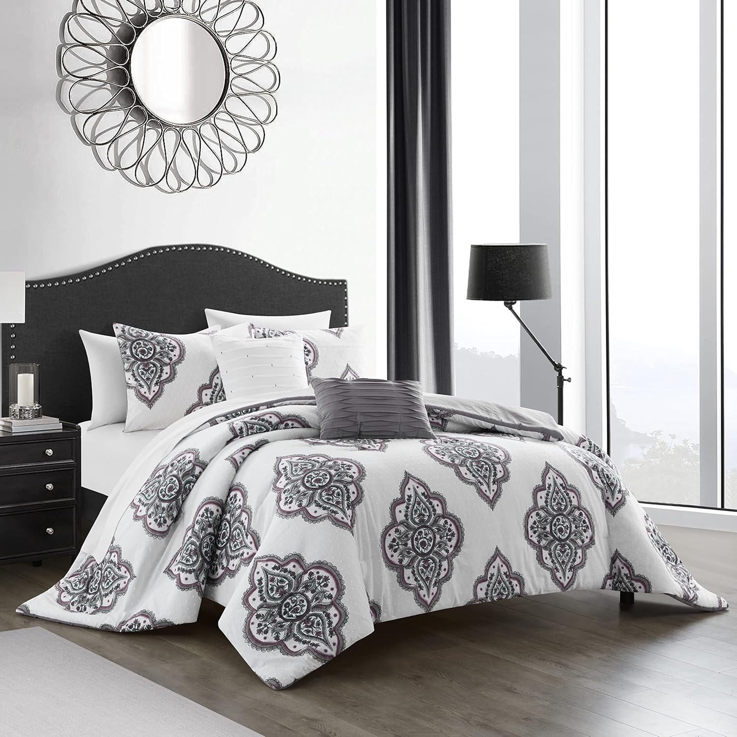 Chic Home Pacey – Juego de edredón de algodón jacquard de 5 piezas, ropa de cama bordada con medallón, fundas de almohada decorativas incluidas,