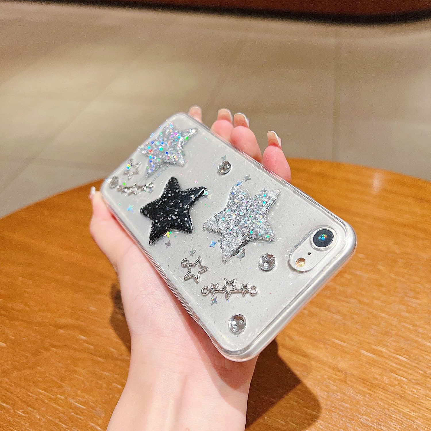 HJWKJUS Funda compatible con iPhone 6, iPhone 6s para mujeres y niñas, bonita funda protectora de TPU suave con purpurina y estrellas 3D con perlas