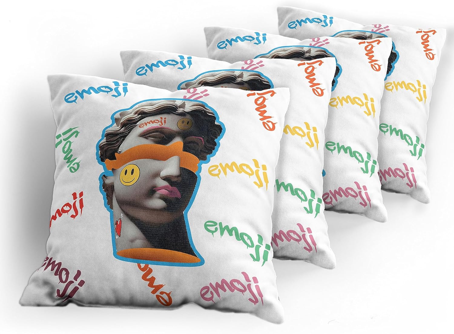 Ambesonne Emoji Decorative Throw Pillow Case Pack of 4, Modern Illustration of Antique Sculpture Portrait Graffiti Shapes and Forms, Cushion Cover