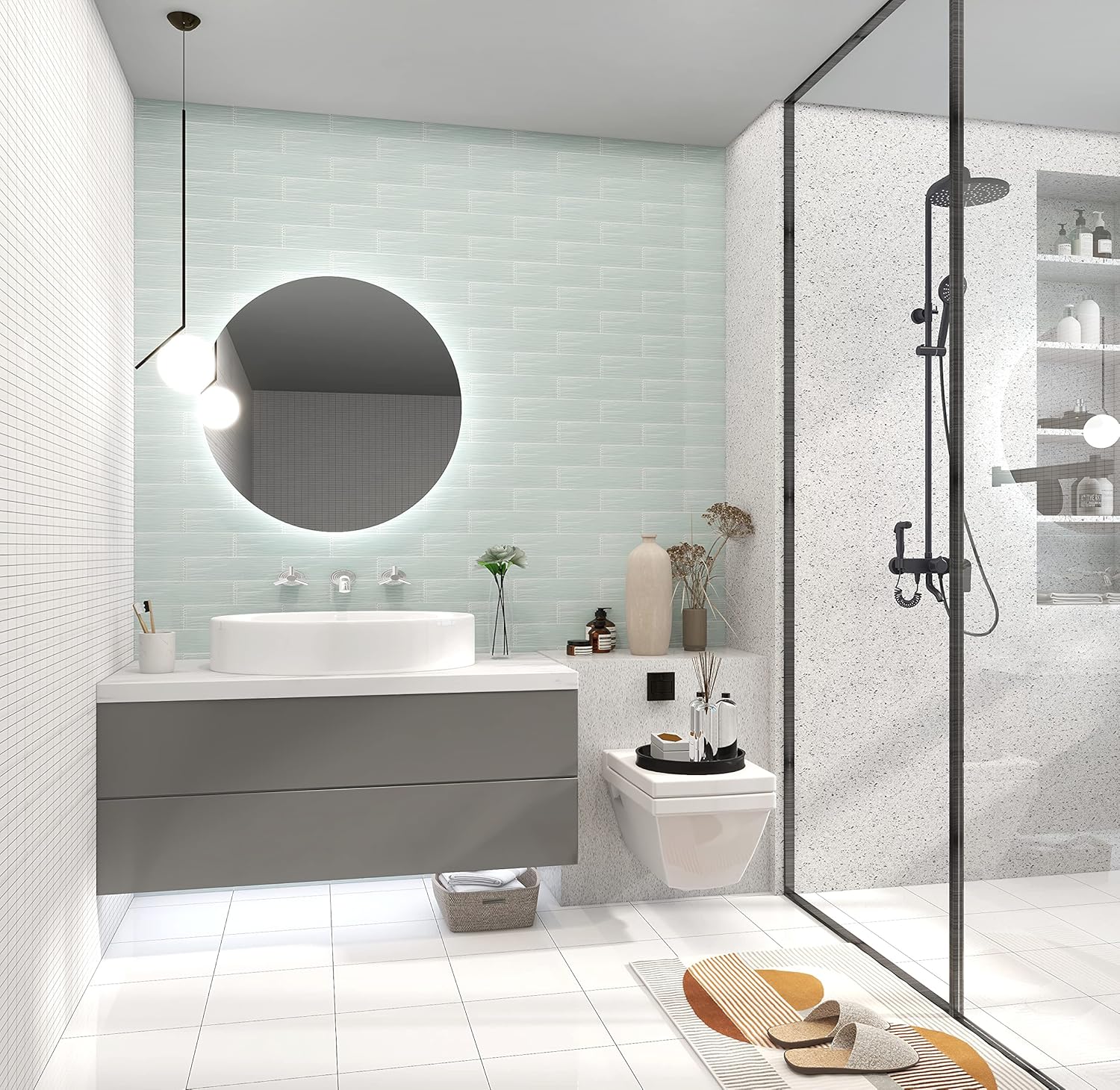 Adedeo Azulejo de cristal de metro de 3 x 12 pulgadas, ondulación de agua verde claro para pared de cocina, baño (paquete de 16, 4 pies cuadrados)