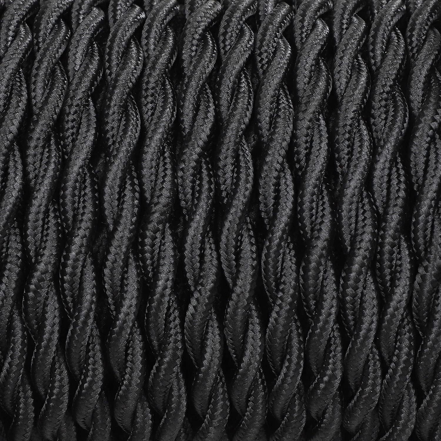 Cable de tela trenzada de 50 pies, cable electrónico industrial antiguo, calibre 18 y 2 conductores de estilo vintage, cable de tela colgante (negro)