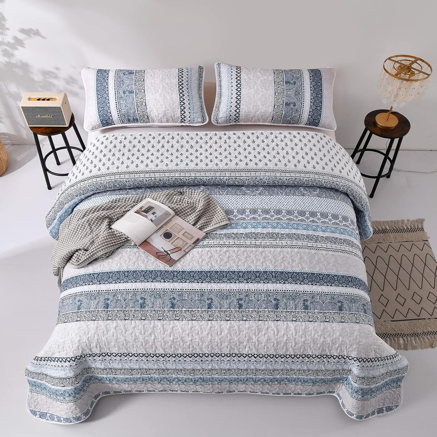 WONGS BEDDING Juego de edredón bohemio tamaño matrimonial, juego de edredón bohemio azul claro de 3 piezas, juego de ropa de cama ligero de verano