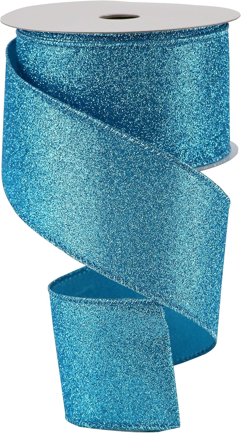Cinta azul con alambre de 2.5 pulgadas con purpurina con alambre de 2.5 pulgadas, decoración de Navidad azul turquesa para envolver regalos,