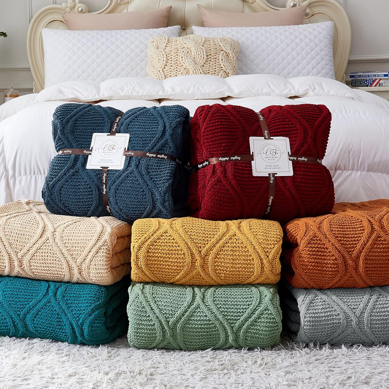 Longhui bedding Manta de punto trenzado de chenilla, gruesa, suave, grande, acogedora manta de vellón tejida para sofá, cama, grande, 51 x 63