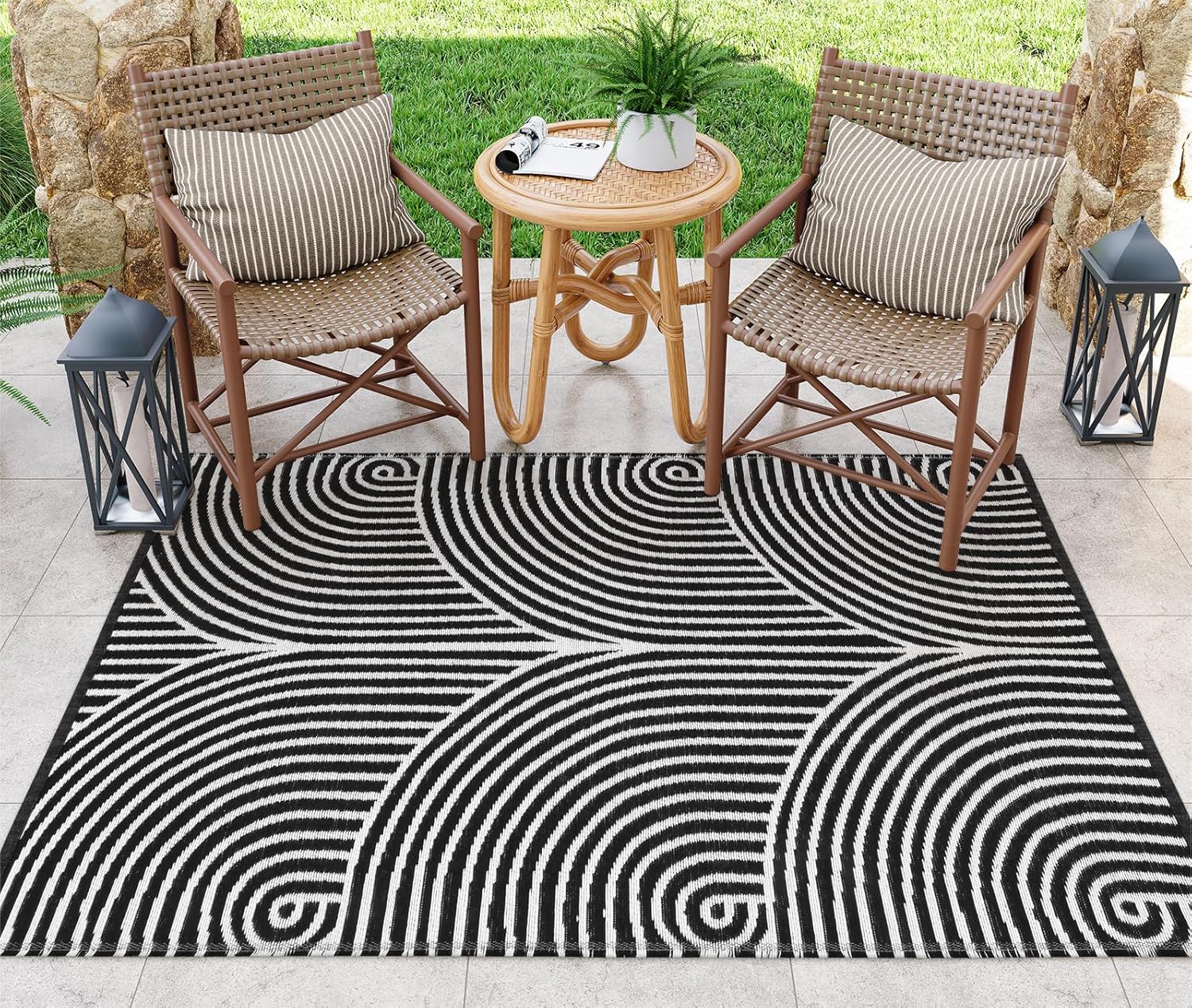 Tiffasea Alfombra para exteriores de 4 x 6 pies, lavable, pequeña, para porche, color blanco y negro, alfombra tejida de algodón, reversible, para