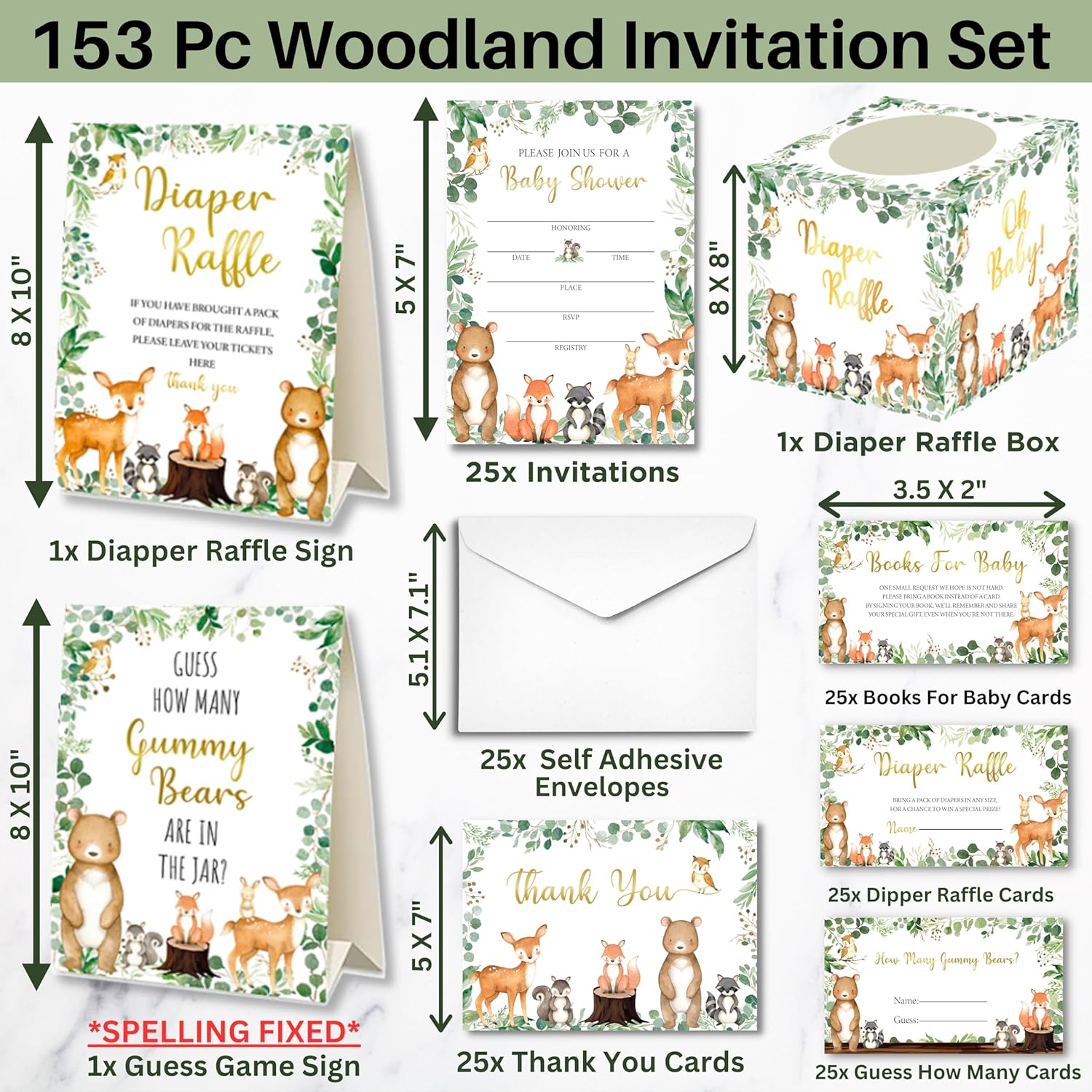 127 invitaciones para baby shower de Woodland para niños y niñas con sobres, tarjetas de agradecimiento para bebés, tarjetas de solicitud de libros,