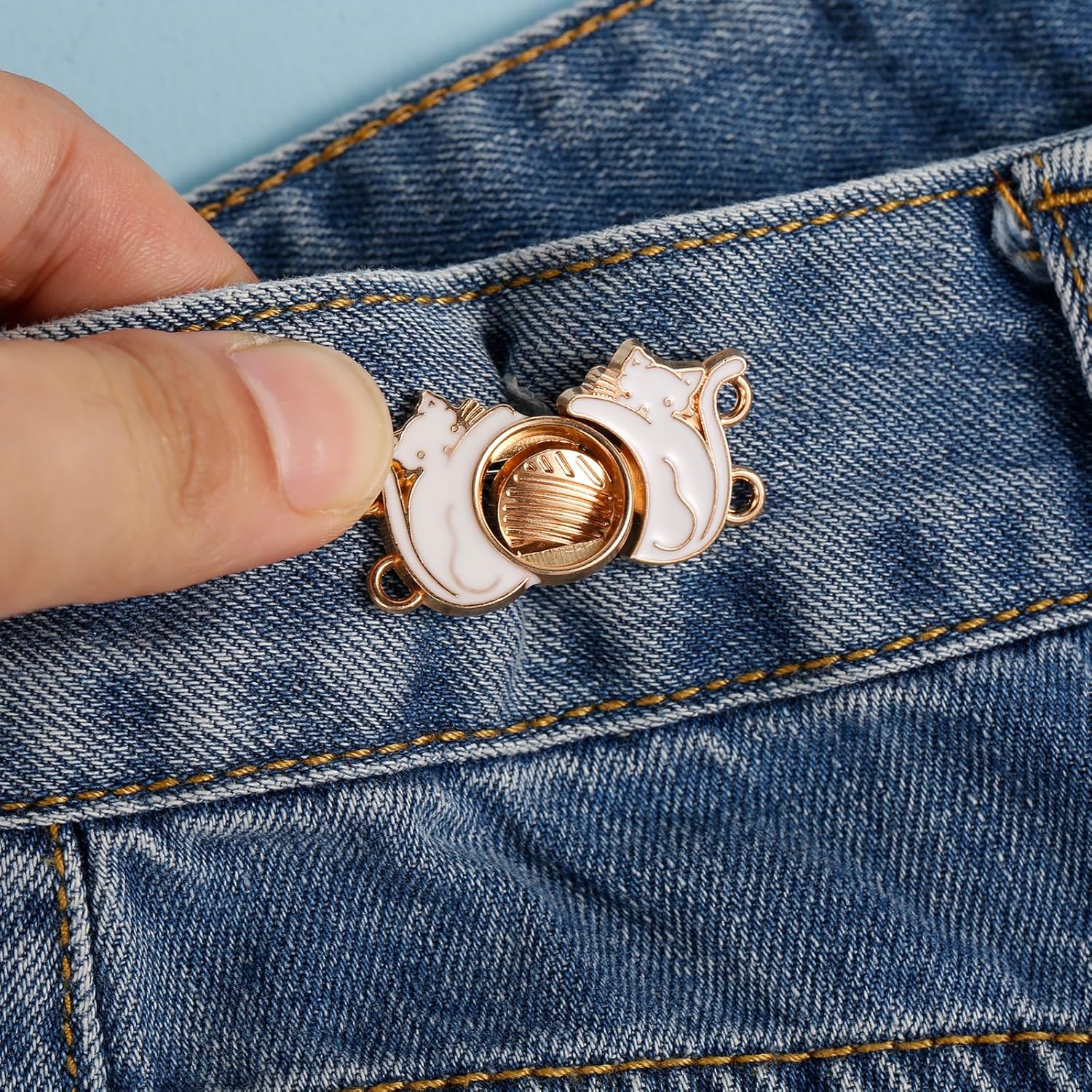 10 pares de pantalones de mezclilla de gato, ajuste de botón de cintura, lindo gato aprieta la cintura, botón de cintura, hebilla de cintura, clip