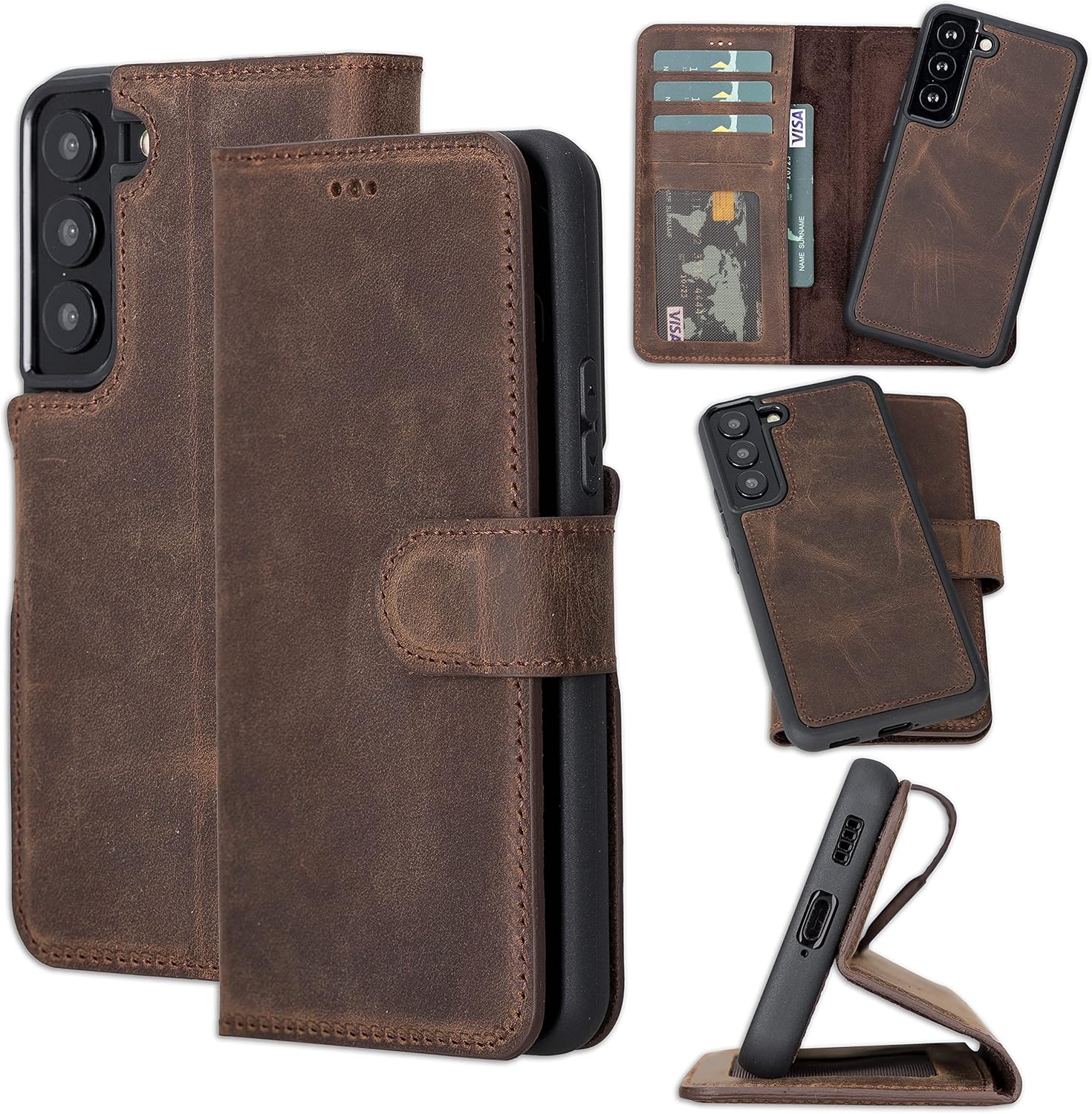 Bayelon Funda para Samsung Galaxy S22, cartera de cuero de grano completo, funda desmontable para Samsung S22 con soporte, funda magnética para