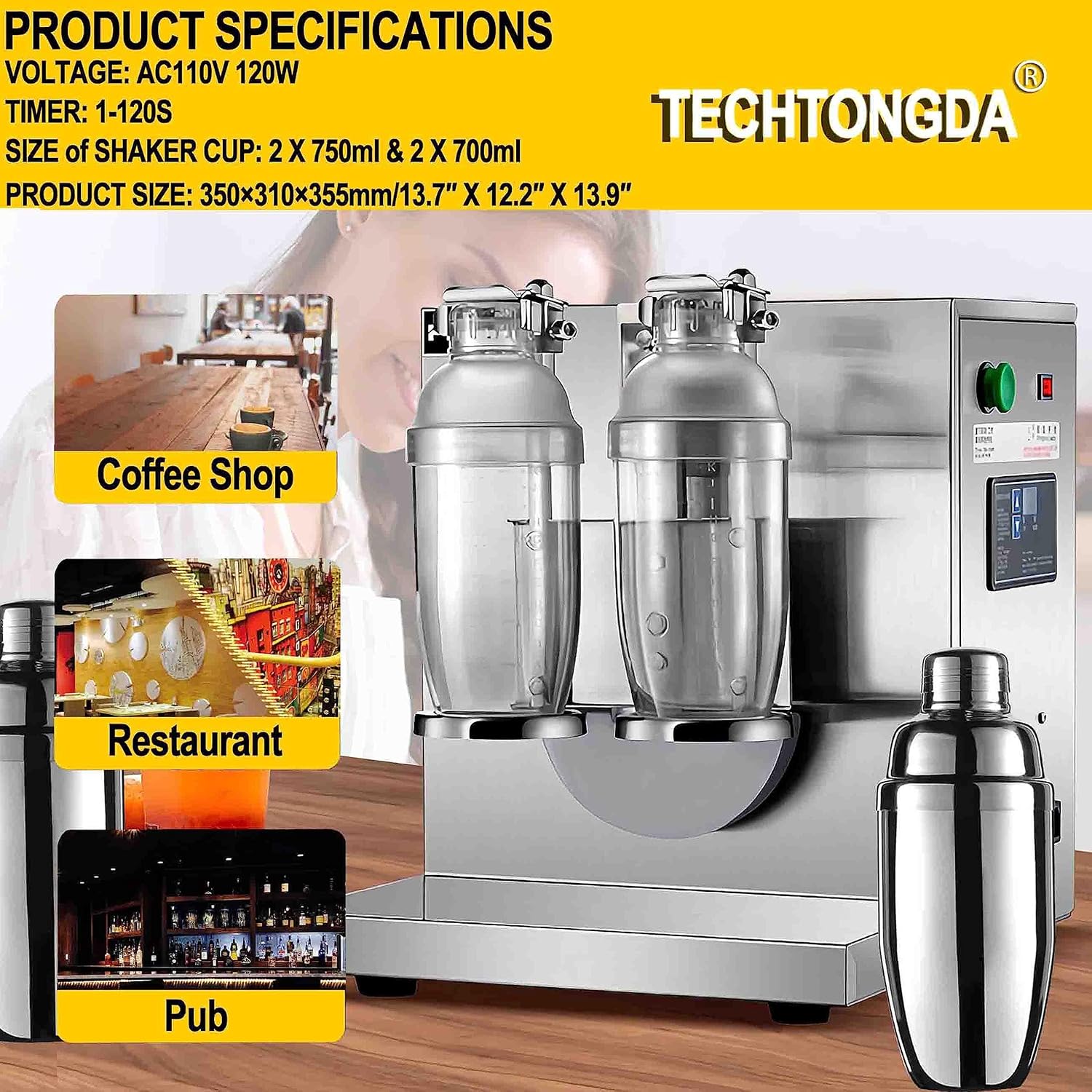 TECHTONGDA Máquina comercial de coctelera de té con leche, máquina profesional de acero inoxidable de doble marco automático de té de burbujas,
