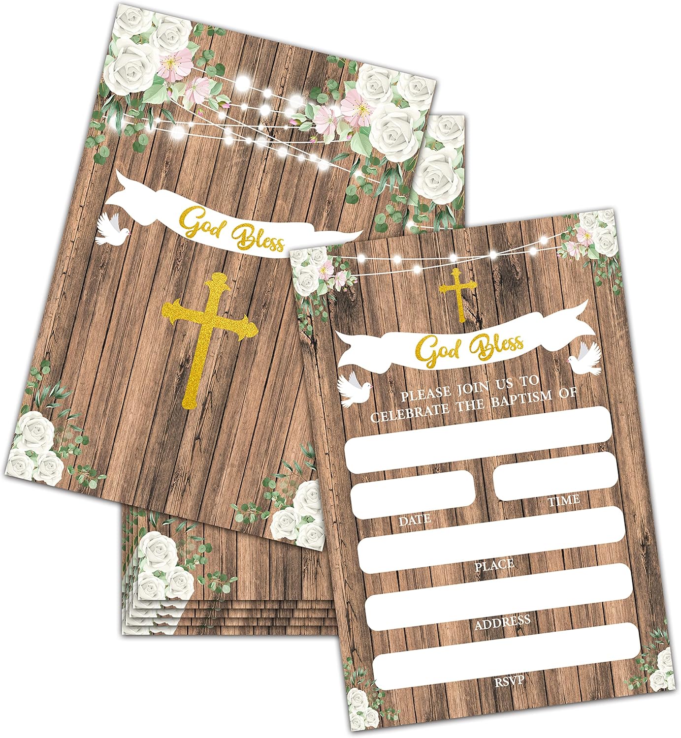 Invitaciones de bautismo con sobres, tarjetas de invitaciones de baby shower florales de madera rústica, invitación de primera comunión de lámina