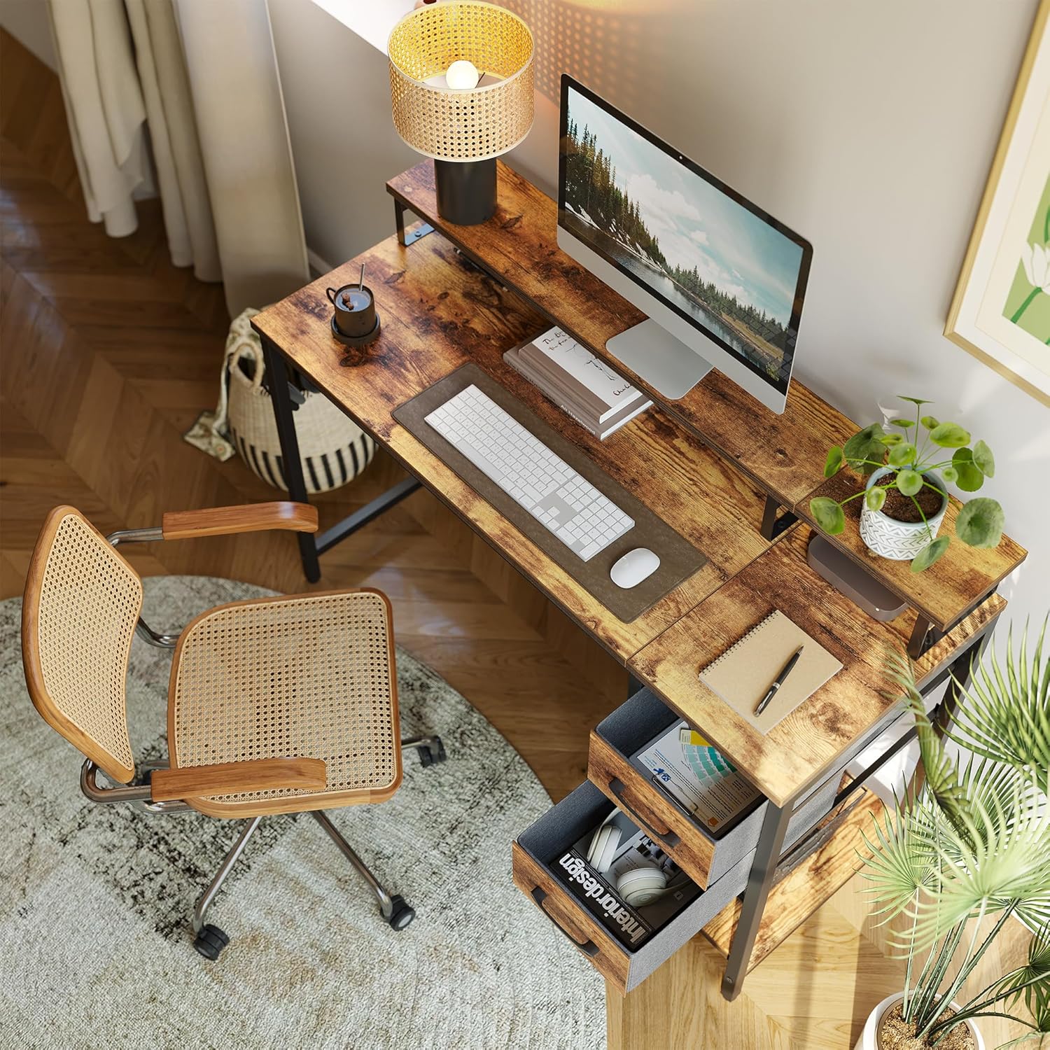 CubiCubi Escritorio para computadora de 47 pulgadas con cajones y soporte para monitor, escritorio de oficina en casa con almacenamiento, mesa de
